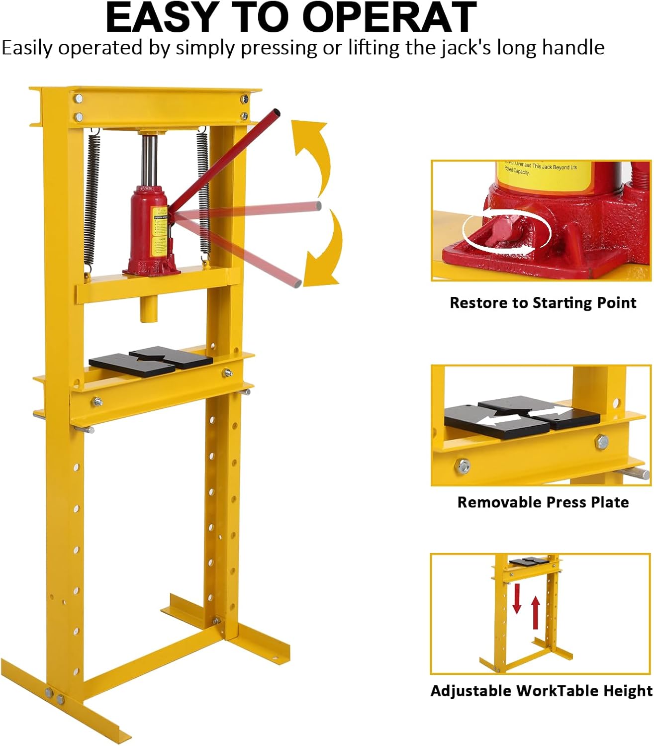 12 Ton Shop Press H Frame Press, 12 Ton Hydraulic Press H Frame Garage Floor Press with Plate, Adjustable Working Table Height Hydraulic Shop Floor Press for Gears and Bearings