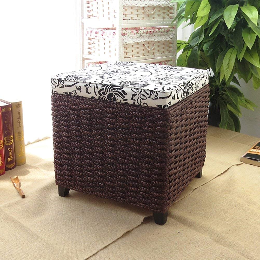Repose-pieds tabouret avec rangement intérieur en rotin tressé