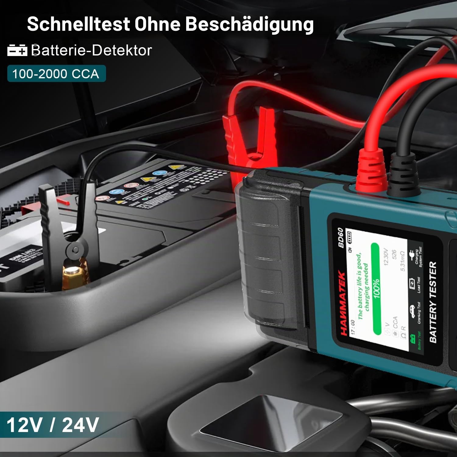 HANMATEK BD60 24V/12V Autobatterie Tester, 100–2000 CCA Lasttester, Kfz-Lichtmaschinentester, Digitaler Autobatterieanalysator, Lade- und Kurbelsystemtester für Auto, LKW, Marine, Motorrad, SUV, Boot | 100–2000 CCA, Test von Lichtmaschine, Lade- und Kurbe