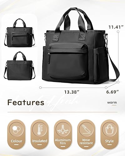 Miniatura 2 de Lonchera negra para mujeres y hombres, bolsa de almuerzo aislada, bolsa de almuerzo grande para el trabajo, bolsas de almuerzo reutilizables, lindas