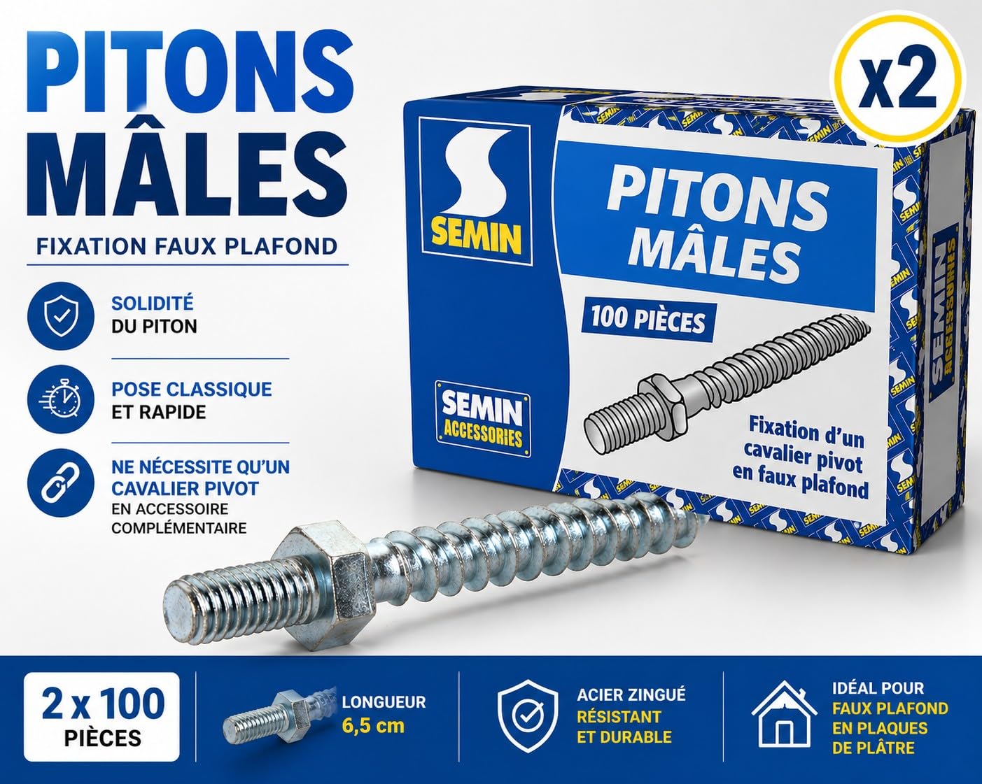 SEMIN Pitons Mâles pour Faux Plafond – 2 Boîtes de 100 – Fixation Cavalier Pivot – Ossature Placo & Fourrures – Pose Rapide et Solide – Rénovation Plafond Intérieur