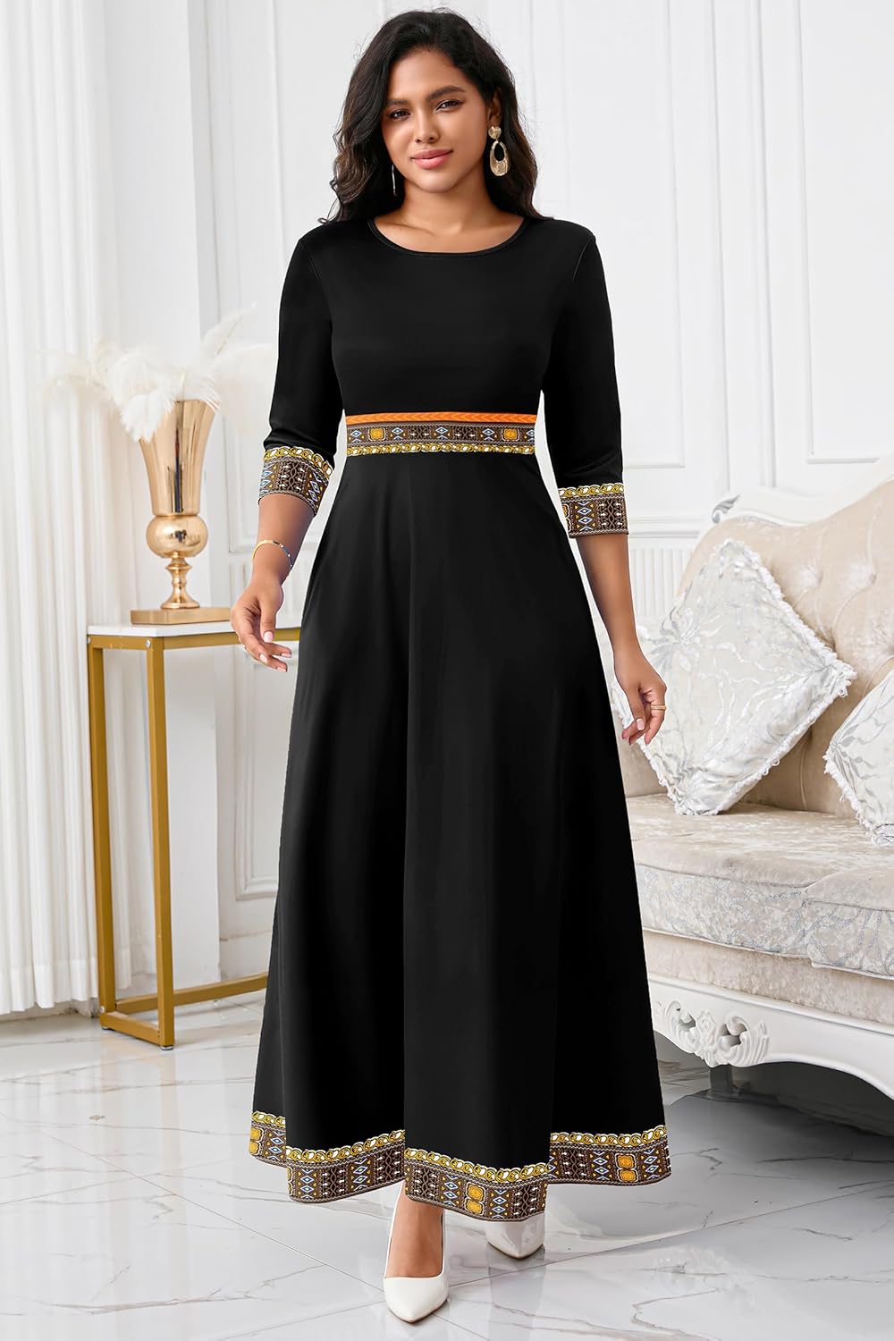 FANDEE Casual Maxi Dresses for Women Elegant 3/4 Sleeve Round Neck Africa Print Church Dress with Pocket - Image 2