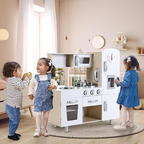 Miniatura 3 de Arlopu Juegos de cocina preescolar, juego de cocina de simulación de madera, juego de cocina pequeño para niños pequeños con teléfono, estufa,