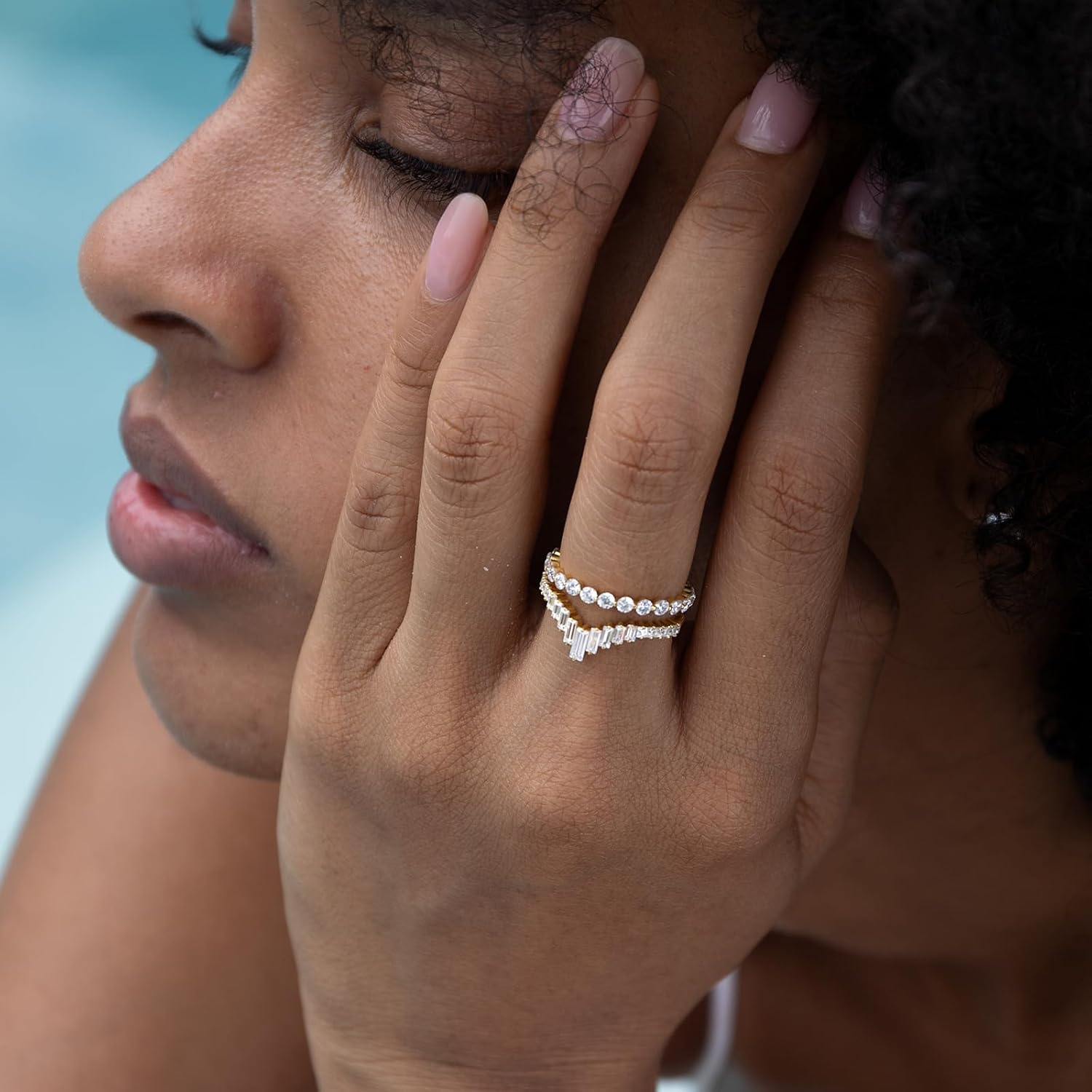 STORYJEWELLERY Stackable Rings for Women, 925 Sterling Silver Ring Enhancer for Engagement Rings, V Shaped Wedding Band, Emerald Cut Chevron Ring, Gold Plated Curved Wedding Bands for Women