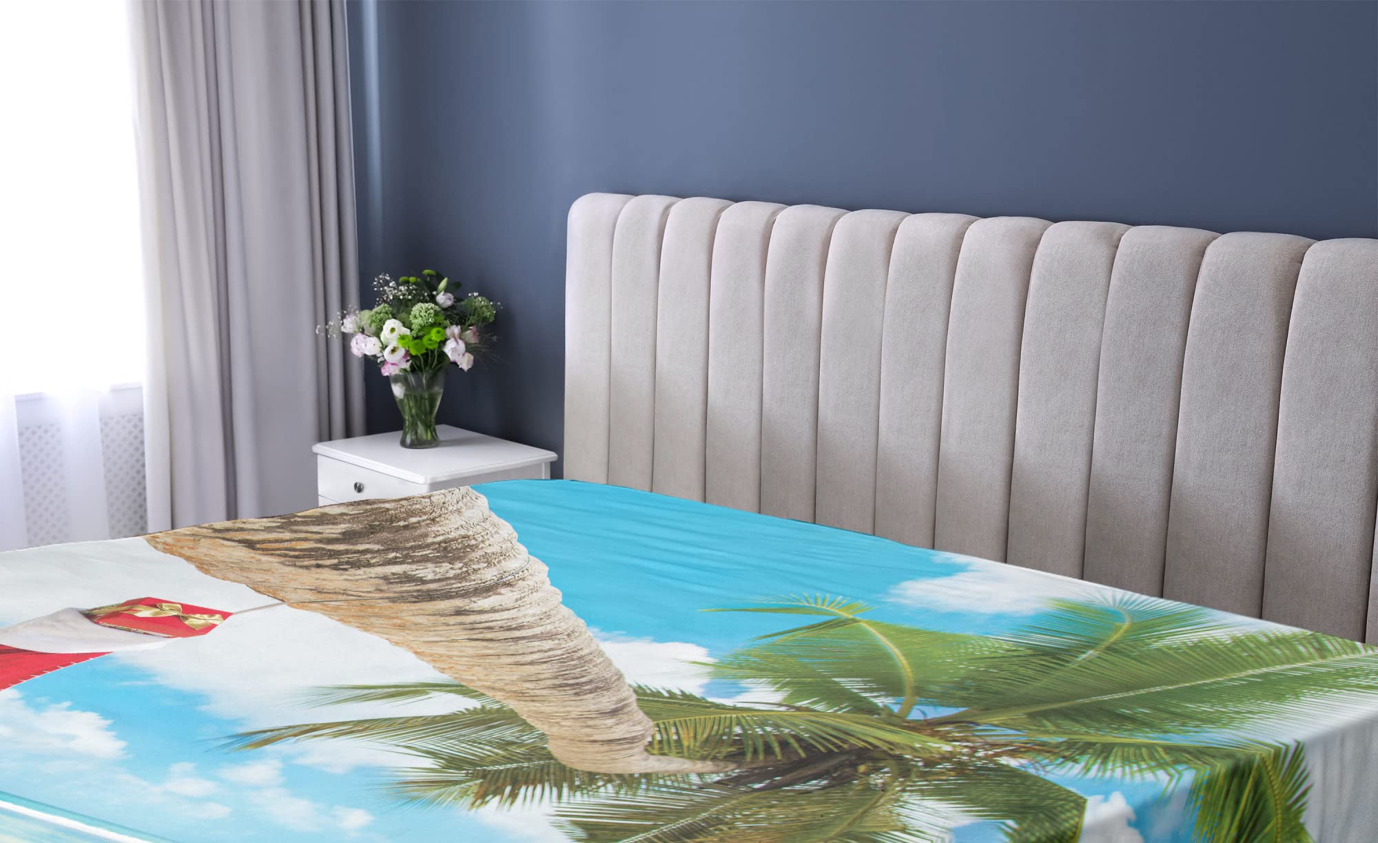 Ambesonne Christmas Fitted Sheet, Sock on The Palm Tree on Tropical Sandy Beach Island Maldives Design, Soft Decorative Fabric Bedding All-Round Elastic Pocket, Full Size, Red Blue