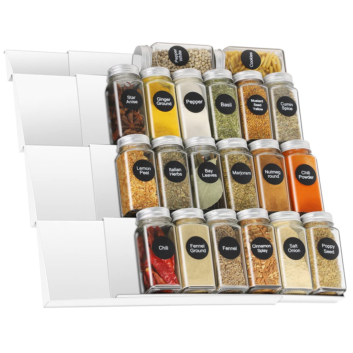 Okiuen Gewürzregal Schublade Gewürz Organizer Schubladeneinsatz Einstellbare von 30 bis 60cm,Gewürzschublade Ordnungssystem für Küche, Arbeitsplatte,Schrank,Regal,4 Etagen