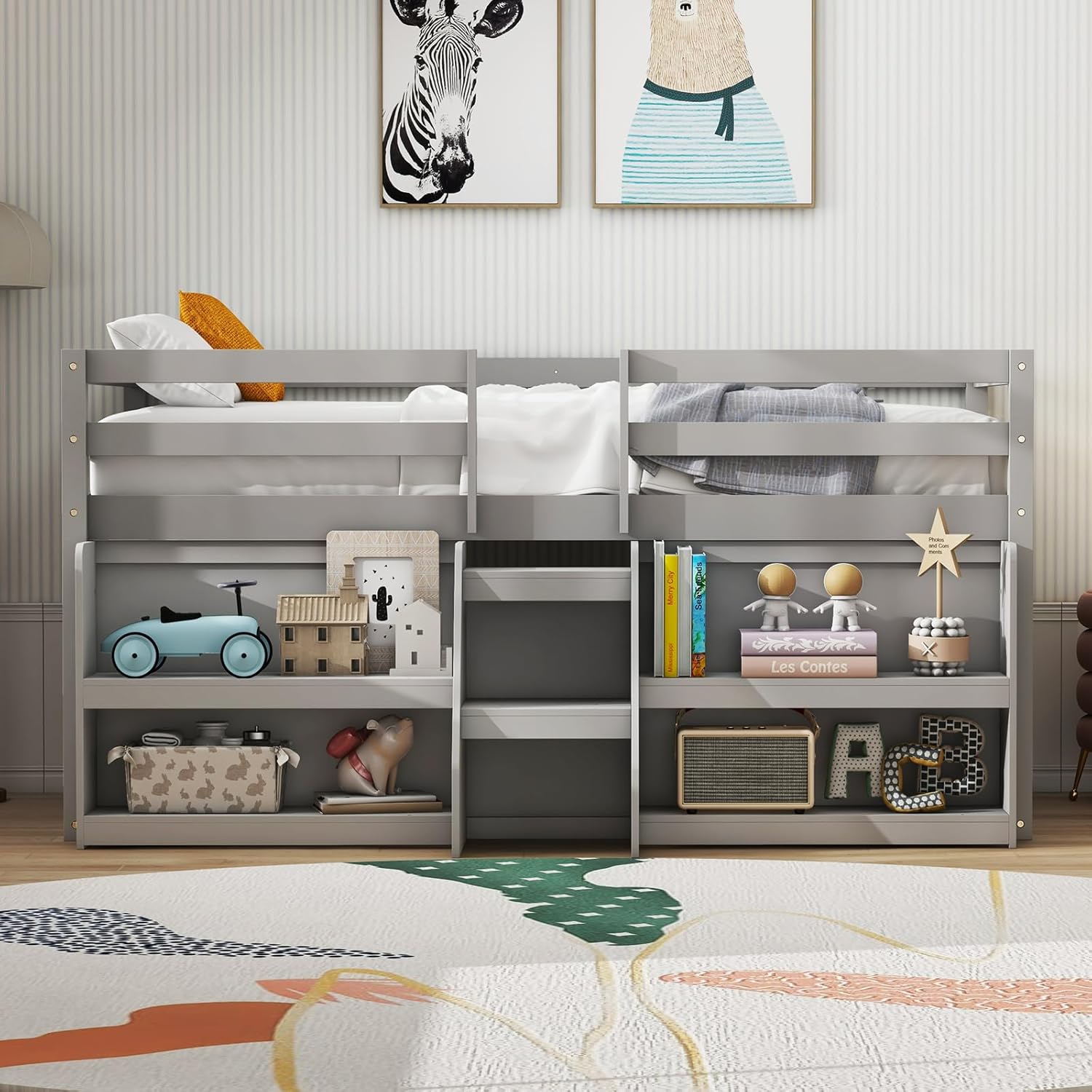 KOTEK Low Loft Bed with LED Lights, Twin Loft Bed with Storage Bookcase & Under-Bed Play Space, Stairs & Guardrails, Loft Bed Frame for Kids (Grey)