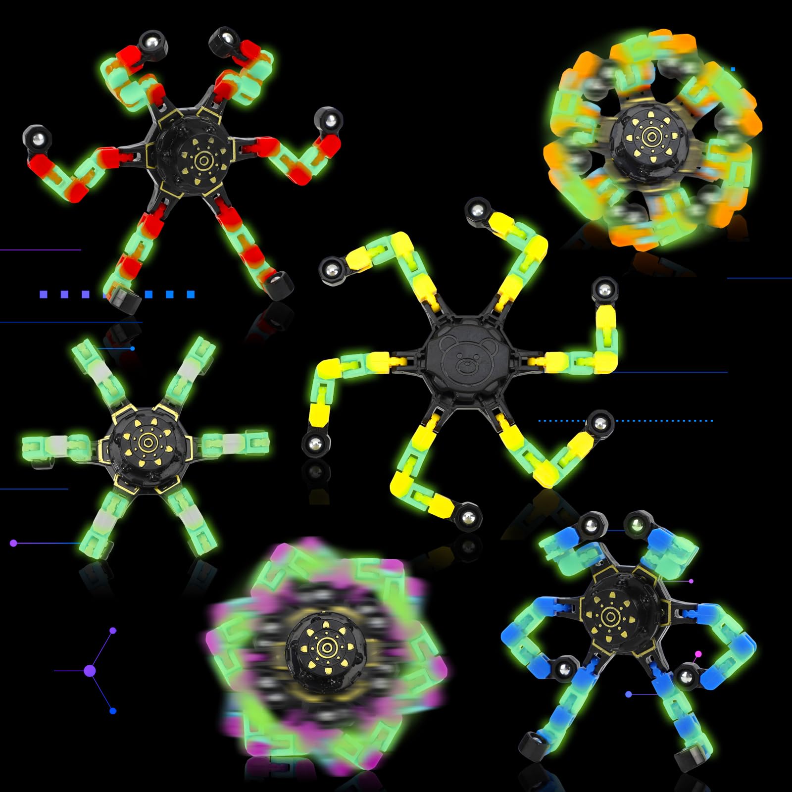 6 pcs Transformable Fidget Spinners Stress Relief Sensory Toys for Kids and Adults Autism Boys Girls Luminous Classroom Prize Goodie Bag Pinata Stuffers