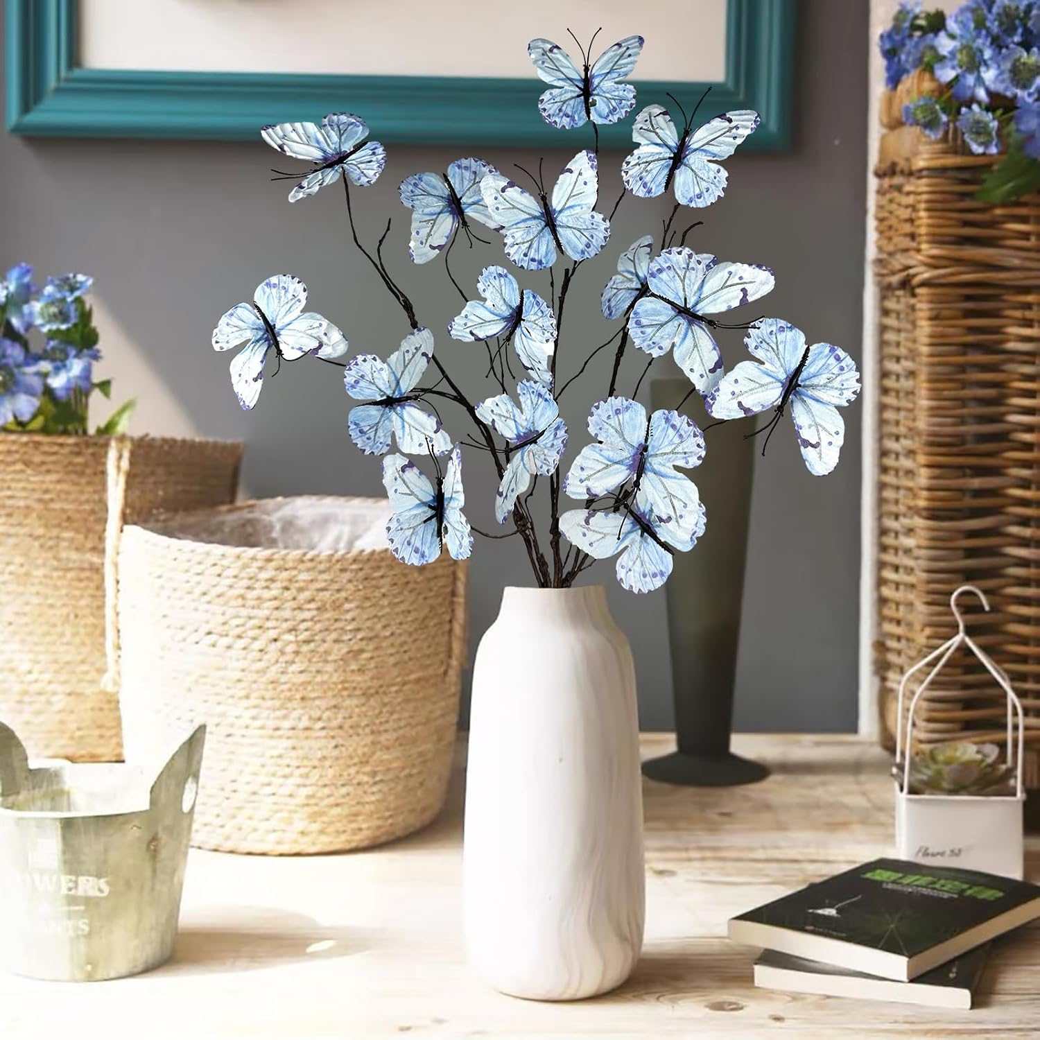 Artificial Butterfly Decorations, Blue Butterfly Flower Branches 3D Butterfly Stakes Floral Arrangements for Wedding Home Office Party Decoration (Pack of 3) image 3