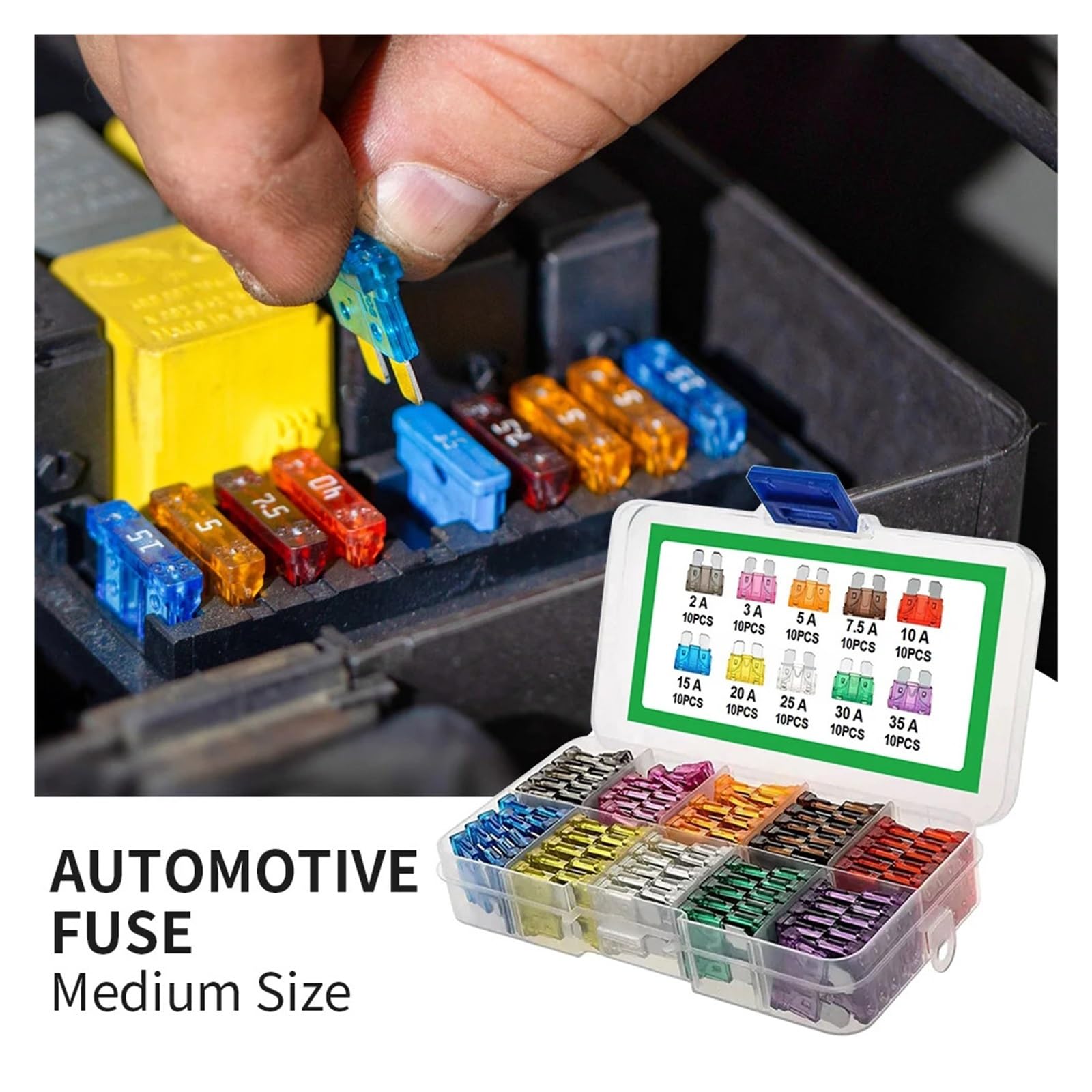 Juego de fusibles tipo cuchilla de 100 Uds., 2A, 3A, 5A, 7,5A, 10A, 10 tipos, surtido de coche con caja, Kit surtido de tipo cuchilla