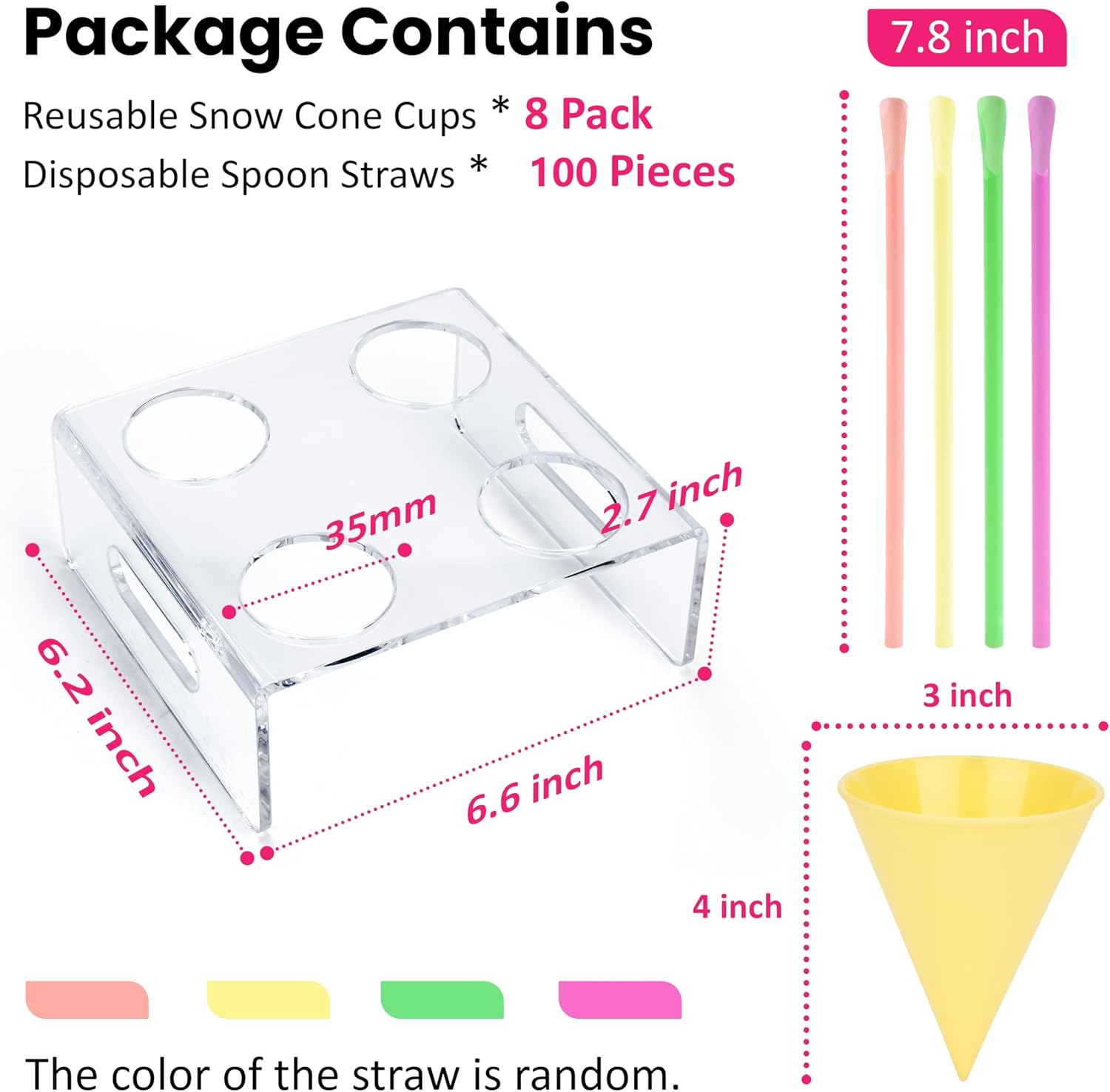 Snow Cone Serving Set - 8 Reusable Snow Cone Cups (4 Colors), 100 Disposable Spoon Straws, 2 Clear Acrylic Cone Holders | Perfect for Summer Parties, Birthdays & Gatherings