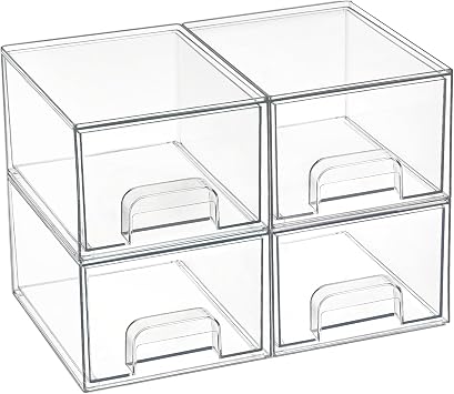 Vtopmart 4 Pack Clear Makeup Organiser, Acrylic Small Stackable Storage Drawers, Plastic Storage Box For Vanity, Bathroom, Under Sink, Kitchen Cupboard, Pantry, Home Organization