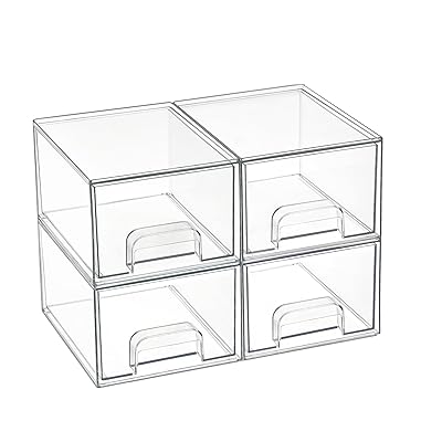 Vtopmart 4 Pack Clear Small Stackable Storage Drawers,Acrylic Bathroom Makeup Organizer,Plastic Storage Bins For Vanity, Undersink, Kitchen Cabinets, Pantry, Home Organization