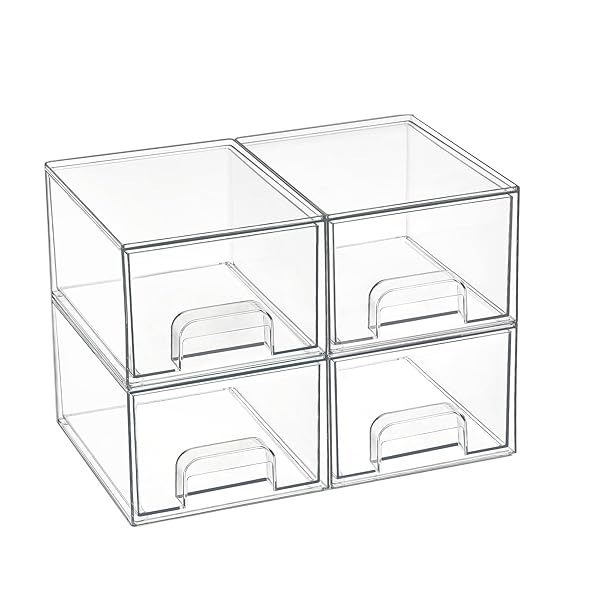 Vtopmart 4 Pack Clear Small Stackable Storage Drawers,Acrylic Bathroom Makeup Organizer,Plastic Storage Bins For Vanity, Undersink, Kitchen Cabinets, Pantry, Home Organization