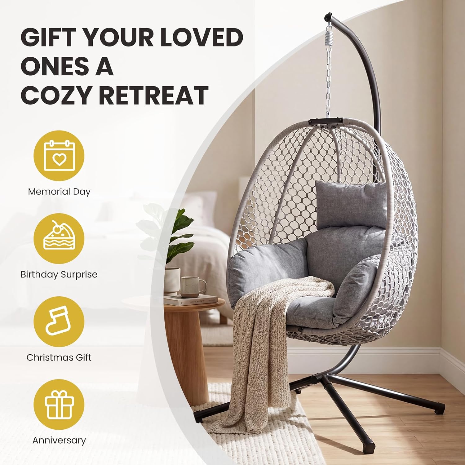 Egg Chair Outdoor with Stand, Patio Hanging Egg Swing Chair for Backyard Balcony Porch, Wicker Rocking Chair 400lbs Capacity, Light Grey image 5