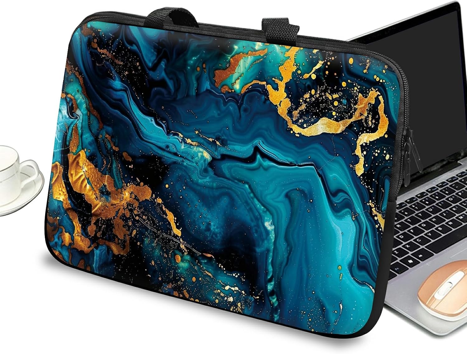 Universal Laptop Case Sleeve 10 inch with Handle and Zipper, Kids Tablet Carrying Case Messenger Bag Portable Tote Bag for 7-10 inch iPad/Notebook/eBook/Readers, Teal Marble