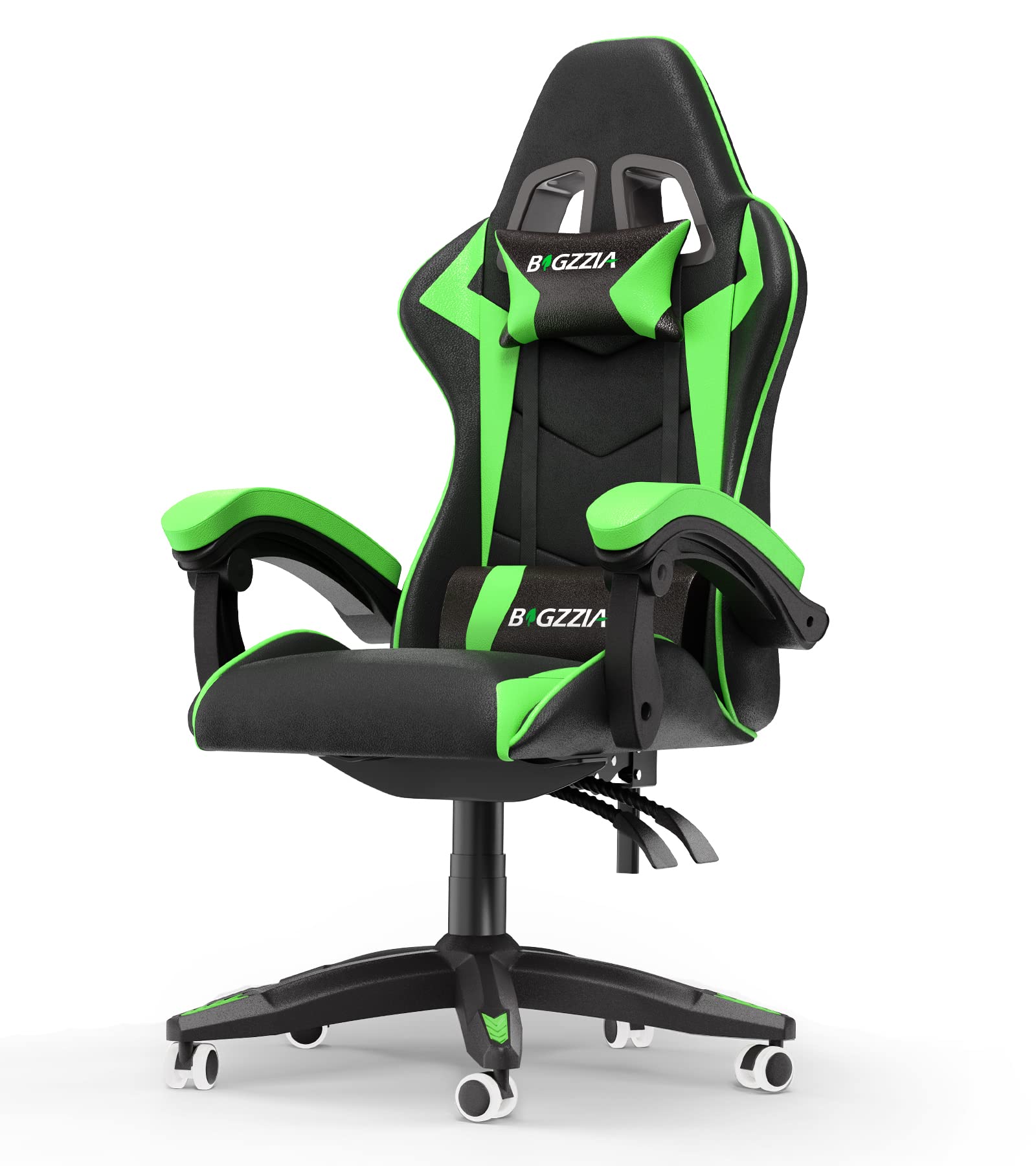 bigzzia Silla Gaming,Silla Ergonómica Gaming,Altura Regulable Silla con Apoyo Lumbar y Reposacabezas, Respaldo Inclinable hasta 155° (NingúN RGB, Verde)