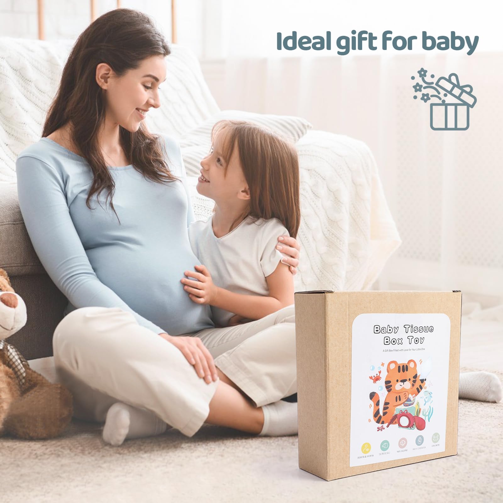 WOODEN TEETHER Baby Tissue Box Toy Mesi Montessori Sensorial Giocattolo, Promuove Le capacità sensoriali e motorie, con specchi, Colori, Trame, Suoni, Ragazzi e Ragazze (Animali marini)