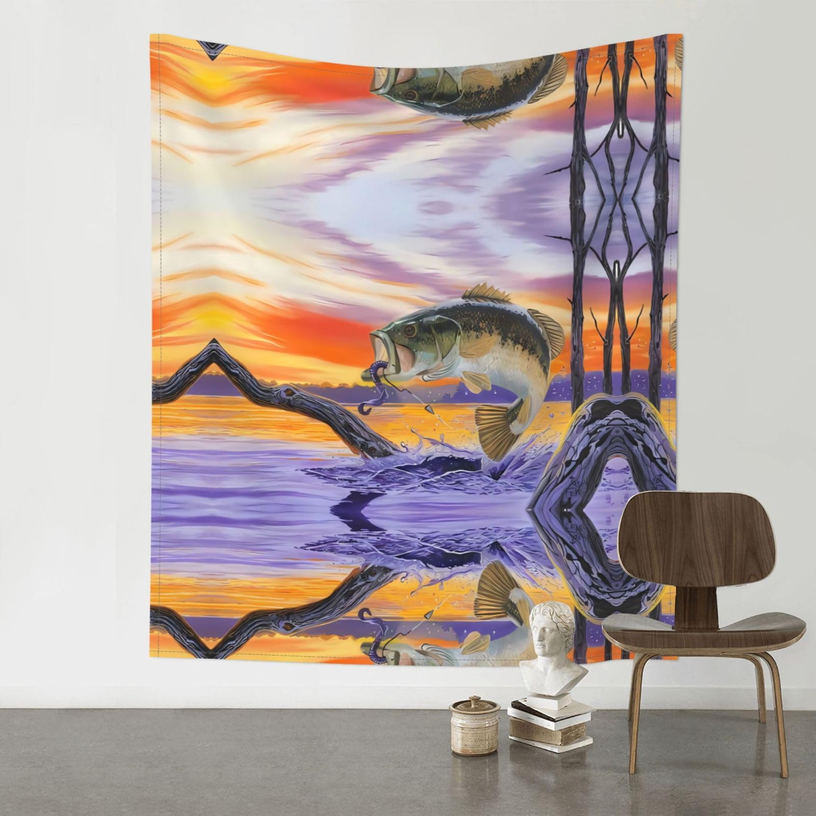 WHJSSF Bass Fish Prints Wall Tapestry 60x51in - Boho Decor Throw for Bedroom, Dorm, Picnic & Outdoor Adventures