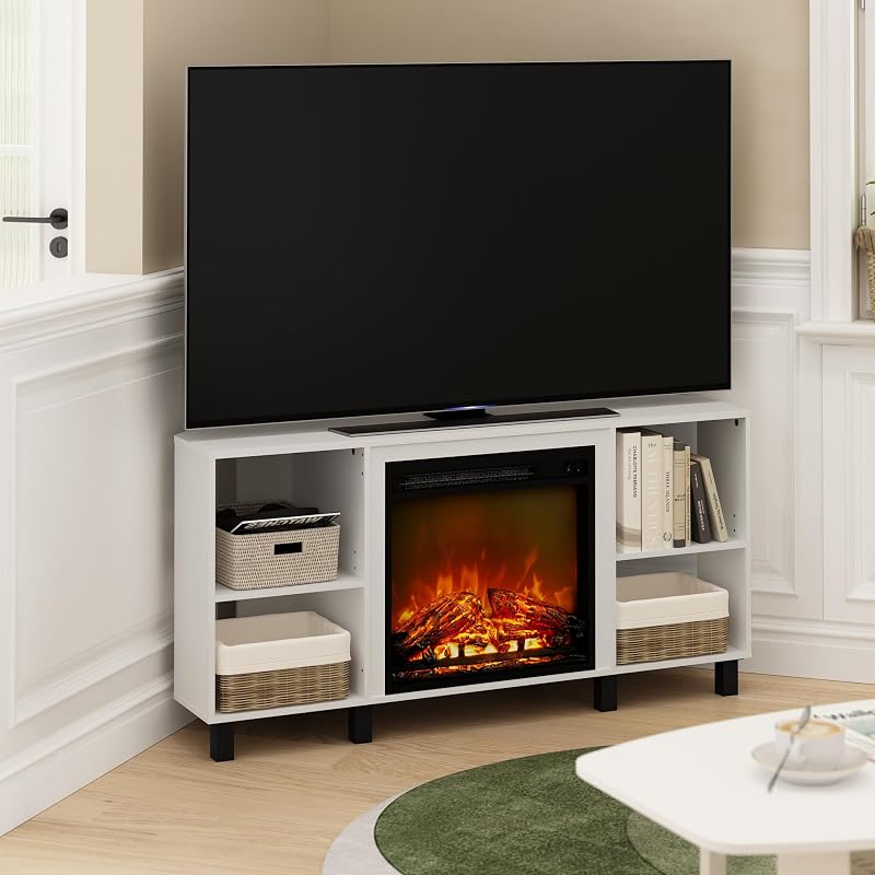 Furinno Jensen Corner Fireplace TV Stand for 55 Inch TV, Solid White image 2