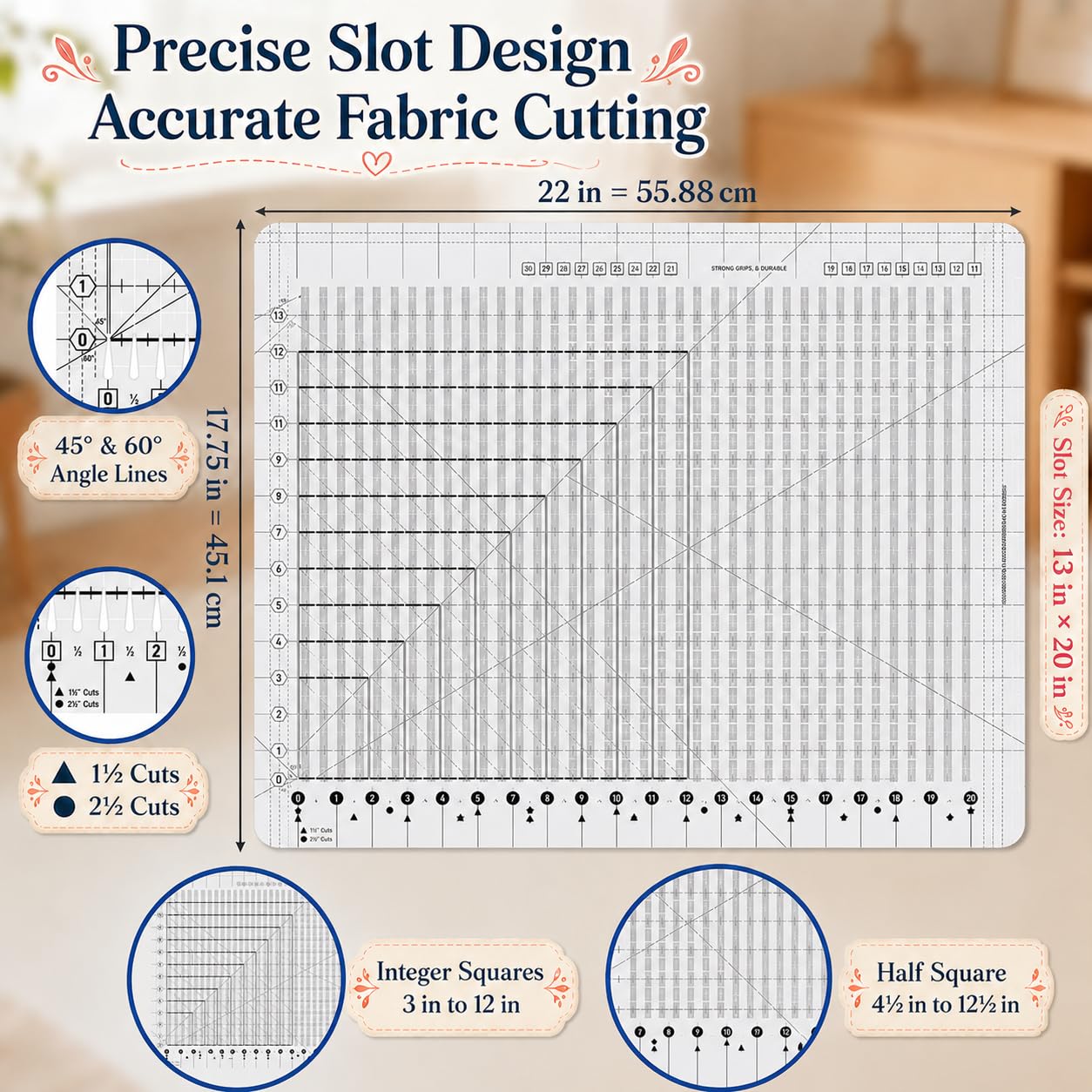 Stripology XL Slotted Quilting Ruler, 17-3/4"" x 22"" Non-Slip Acrylic Ruler, Clear Grid Lines Precision Fabric Cutting Template for Quilting, Patchwork, Sewing and Craft Projects (White)