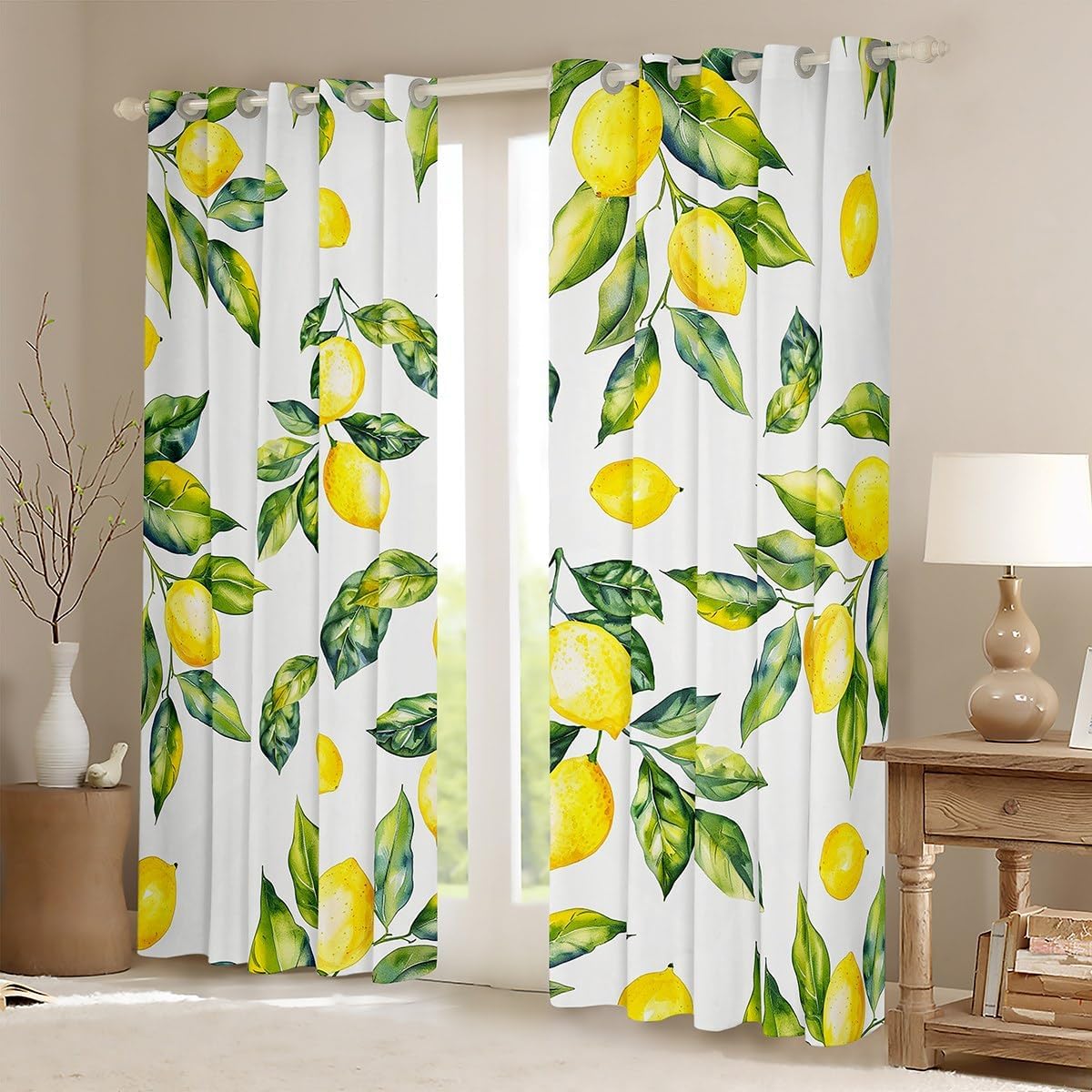 Feelyou Lemon Curtains for Bedroom Living Room Kids Botanical Lemon Pattern 30%-50% Blackout Curtainsative Tropical Fruit Darkening Dreapes Yellow Green Window Treatments (2 Panels, 42 x 63 Inch)