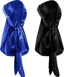 2 Pieces Velvet Baby Durags Kids Durag Caps 360 Wave Wide Strap Headwraps Long Tail Turban Beanies for Boys Girls (Black, Royal Blue)