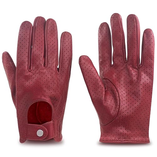 ZLUXURQ Womens Full Mesh Leather Driving Gloves Unlined -Soft and Thin Italian Lambskin - Small=6.5" - Red(lambskin/Touchscreen)