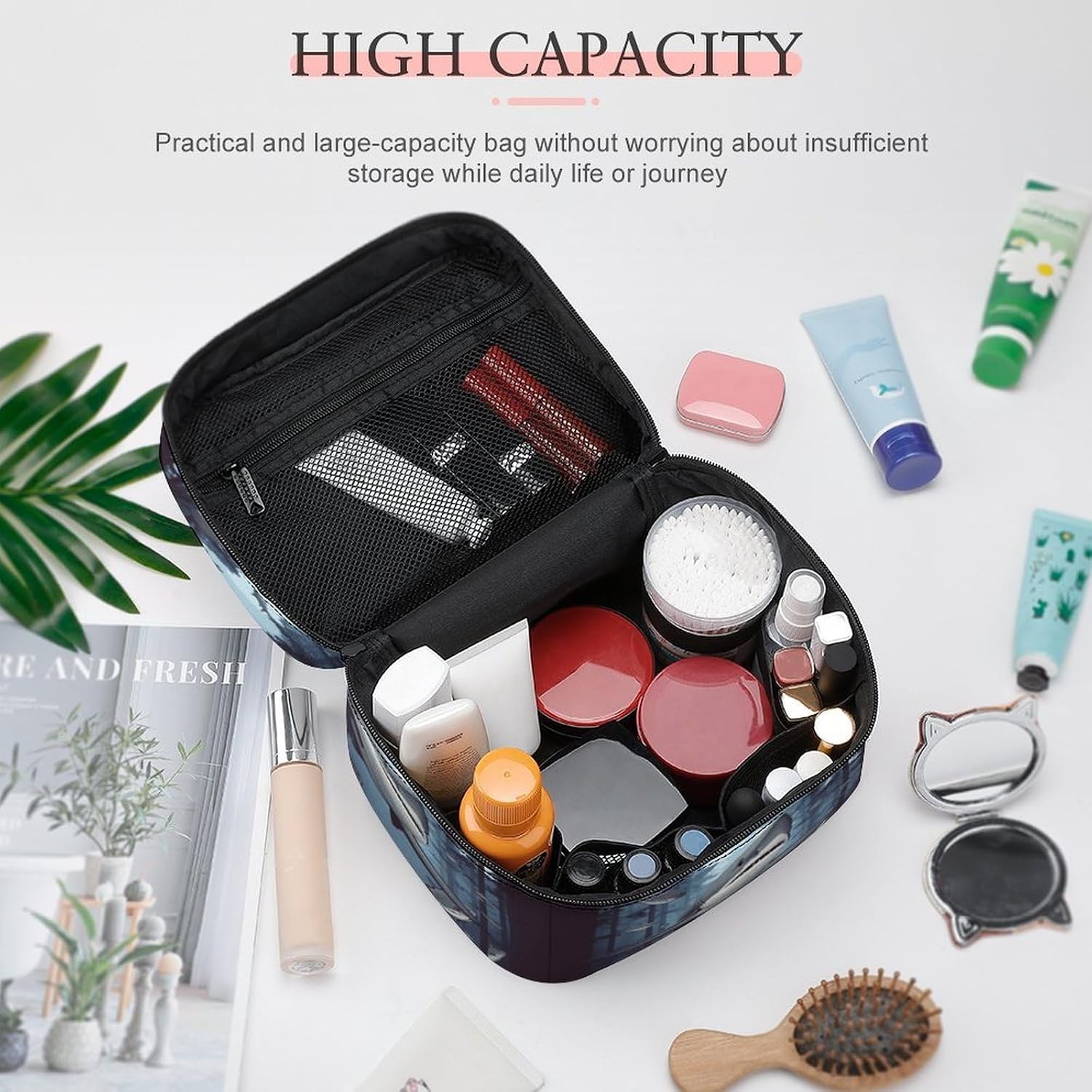 Travel Makeup Bag Portable Large Cosmetic Bag with Handle And Compartment image 4