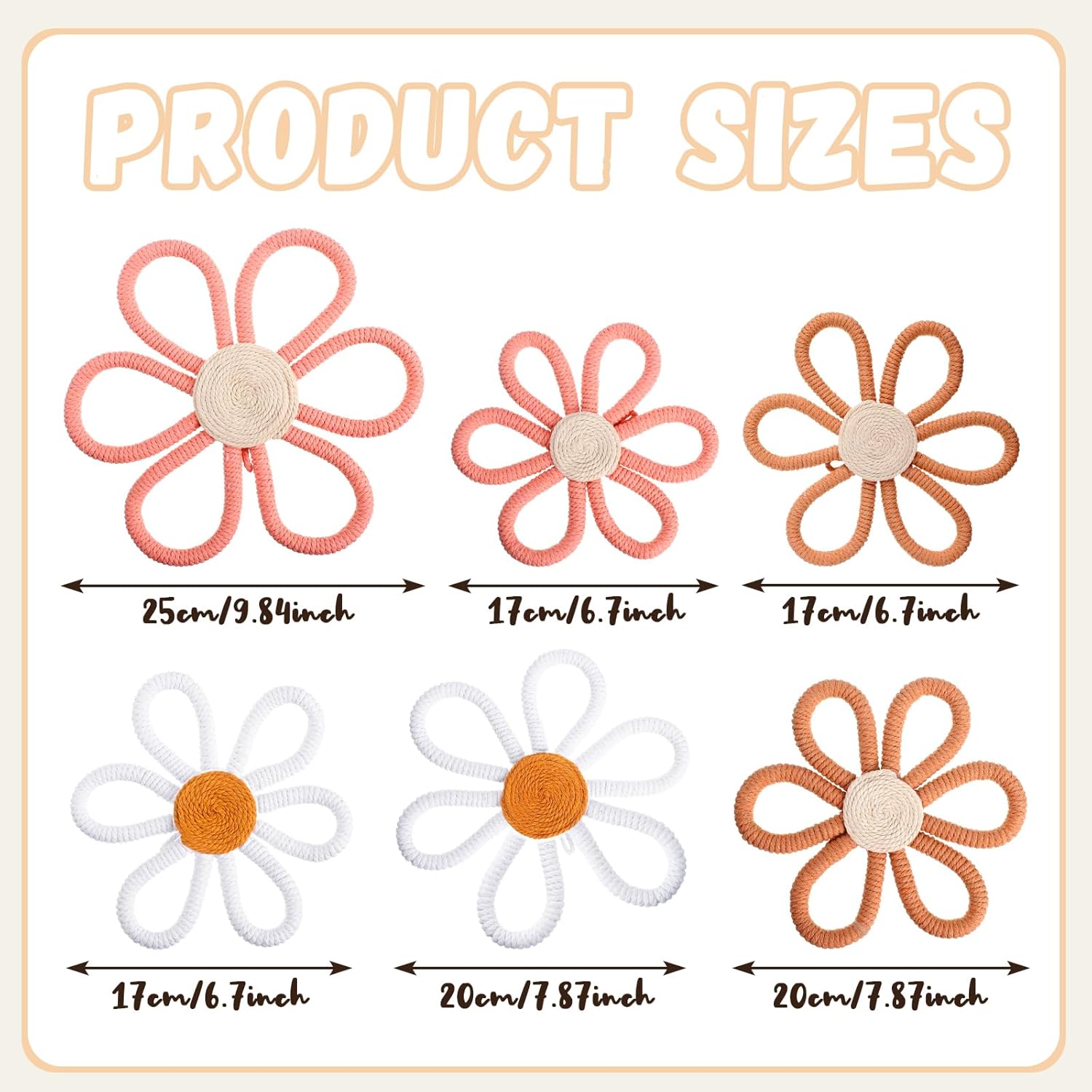 Barydat 6 Pcs Boho Nursery Decor Daisy Flower Woven Macrame Wall Hanging 3 Size Daisy Flower Wall Decor Bohemian Nursery Decorations for Home Dorm Art(Pink, Brown, White)