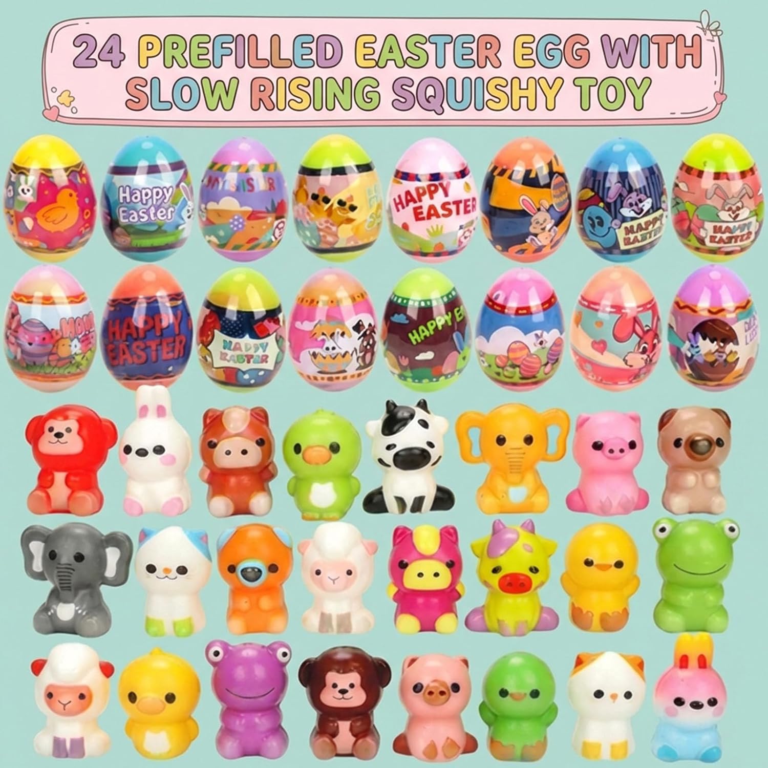 24 Pack Prefilled Easter Eggs with Slow Rising Squishy Toy Inside,Stress Relief Toys for Kids, Easter Basket Stuffers, Party Favors, Egg Hunt Fillers,Party Favor