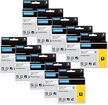 18489 A18489 Tapes Replace for DYMO Rhino 19mm Flexible Nylon Label Compatible with DYMO Rhino 4200 5200 5000 6000 Industrial Label Maker, Black on White, 3/4" x 11.5 19mm x 3.5m,10-Pack