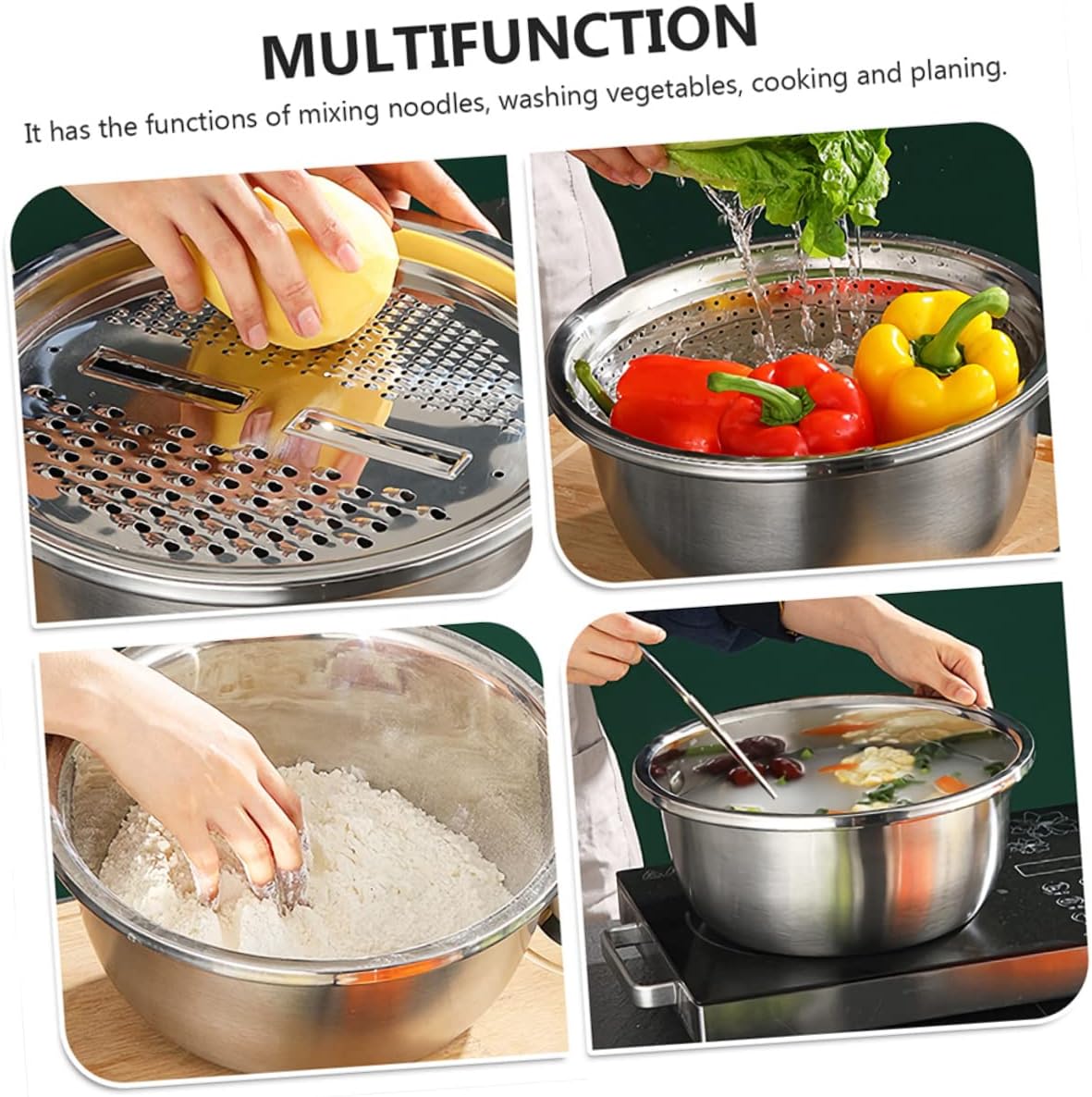 LABRIMP Multipurpose Stainless Steel Grater Basin Set Food Washing Vegetable Slicing and Storage Holder for Kitchen Use