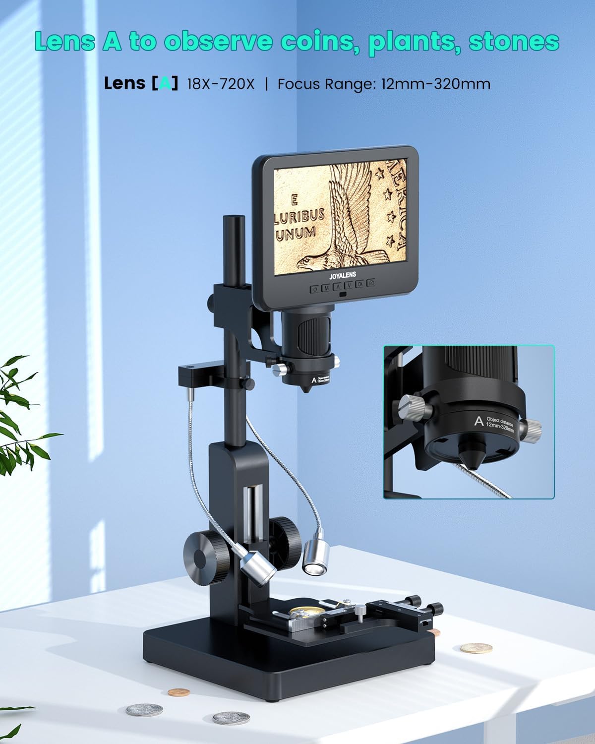 JL266S 5 Lens HDMI Digital Microscope 5000X, 24MP Biological Microscope for Adults Kids Home Lab, Coin Microscopes Full View with 7'' Screen, Windows PC Compatible, 32GB Card