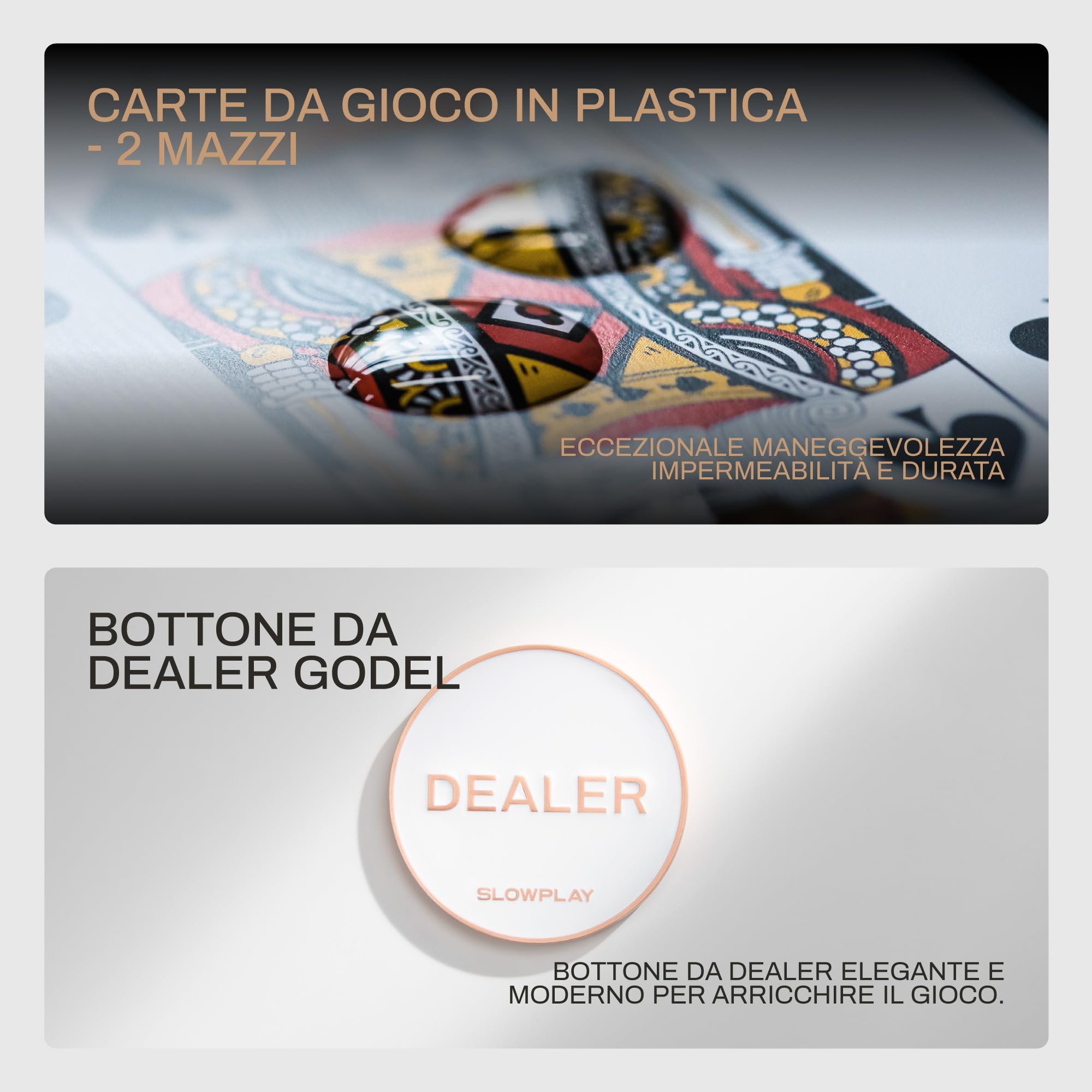 SLOWPLAY Set poker in ceramica Godel, fiches 12 g/43 mm, Texas Hold’em | 500 pezzi senza valore; valigetta premium in PC effetto specchio; fiches in composito ceramico; stile minimalista