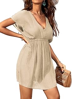 Damen Bikini Cover Up Strandkleid V Ausschnitt Kurzarm Blätter Print Seitenschlitz Sommer Beach Mini Dress