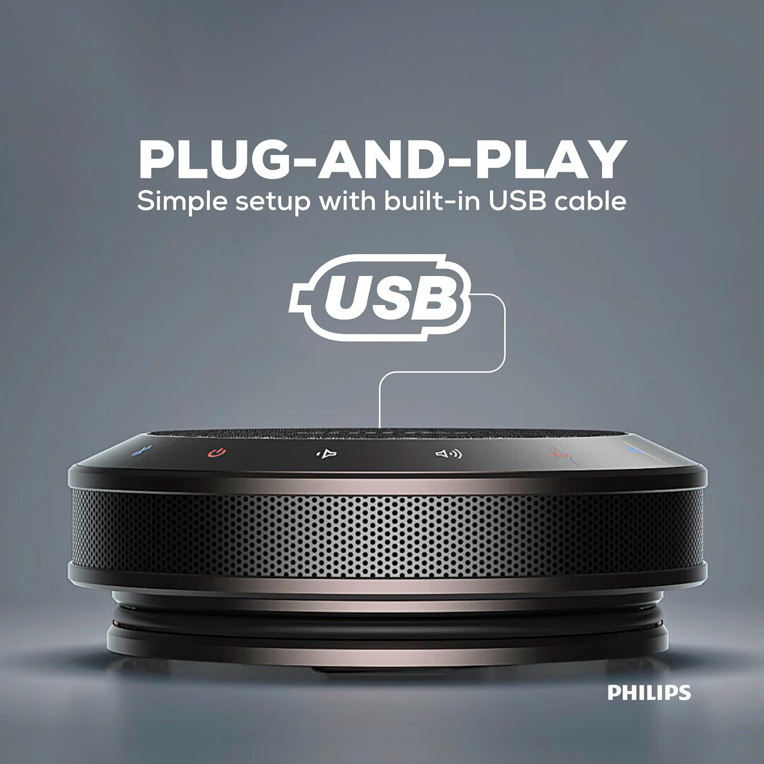 Side view of the Philips PSE0401 speakerphone with its built-in USB cable extended, illustrating plug-and-play connectivity.