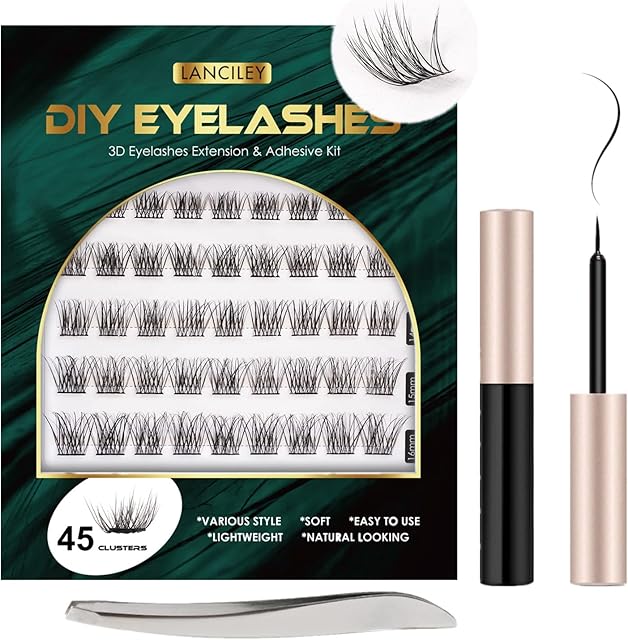 Lanciley Individual Lashes 45 Clusters Lashes C Curl DIY Eyelash Extension Kit at Home for Make-up Beginner False Eyelashes with Eyelash Glue Tweezers 10/12/14/15/16mm Easy to Use - Natural Style