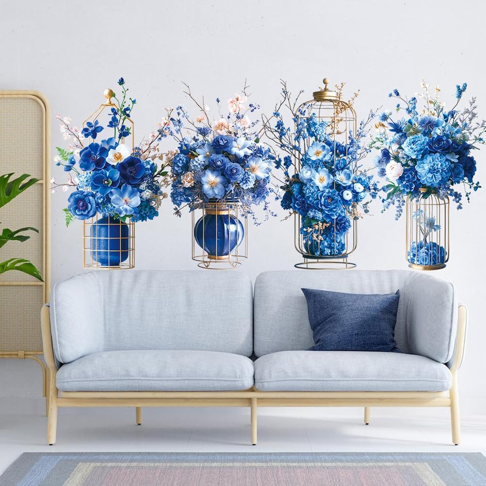 Pack of 4 Wall Stickers Living Room Vases 3D Wall Stickers Vase Green Plants Wall Stickers Suitable for Bedroom Office Kitchen Wall Art Decoration