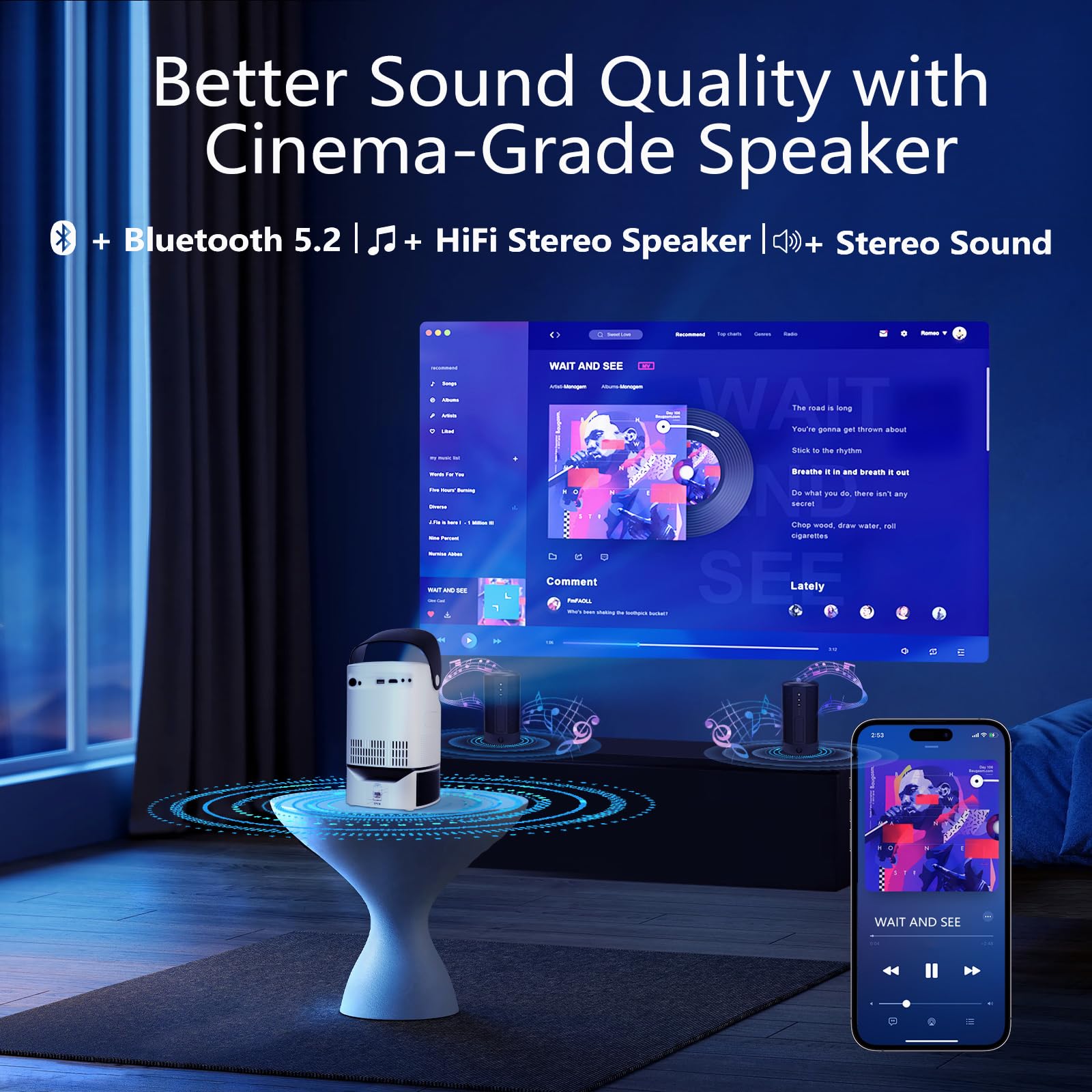 Proiettore 4K con WiFi e Bluetooth, proiettore portatile 600 ANSI con supporto pieghevole per camera da letto, proiettore di film all'aperto ultimo intervento compatibile per iPhone,