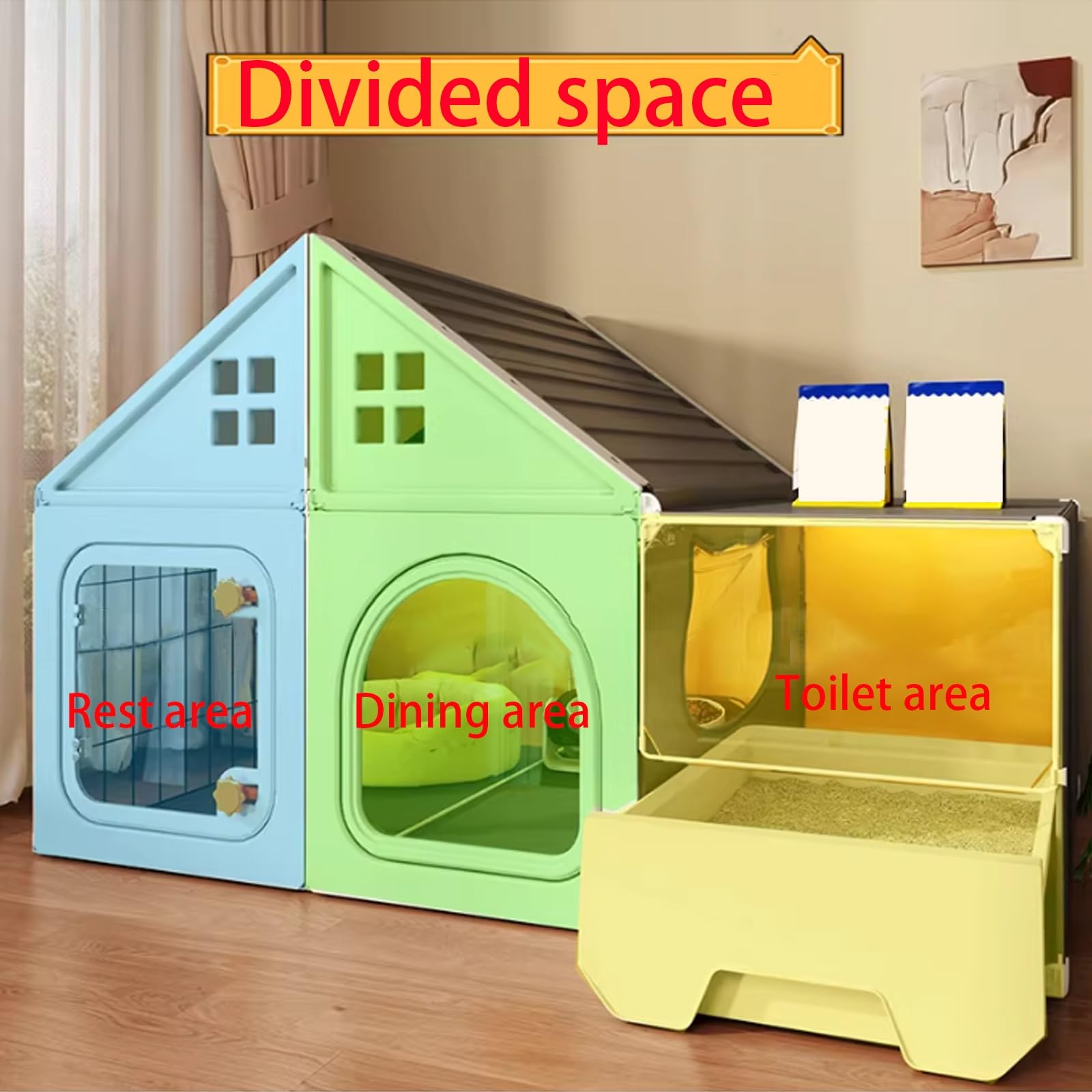Casetta per Gatti Da Interno con Lettiera Integrata, Spazio Relax e Zona Toilette In Un Unico Ambiente Recinto per Gatti Casetta Da Gioco Per Gatti per Piccoli Appartamenti(White,106x46x58cm)