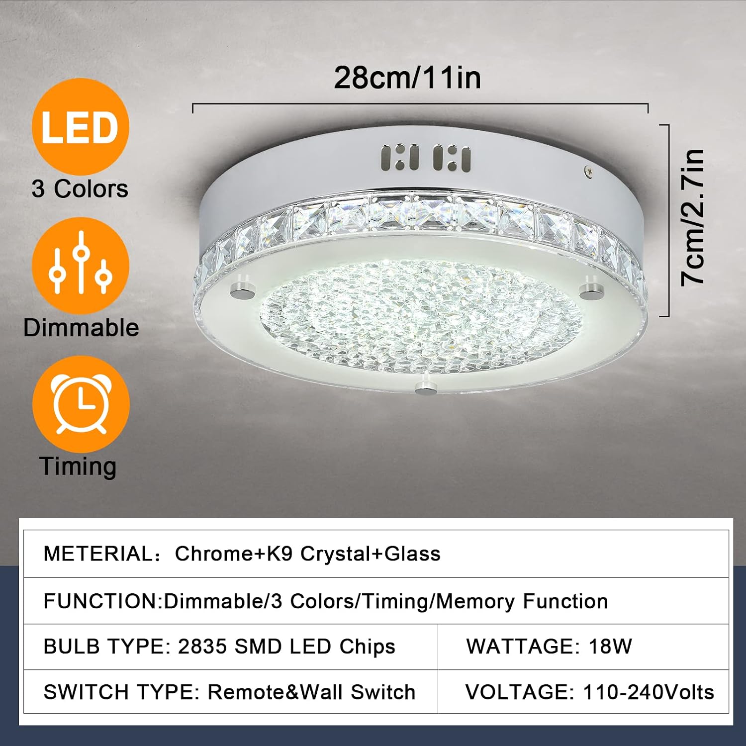 Depuley 18W LED Crystal Flush Mount Ceiling Light with Remote, 11-Inch Modern Dimmable Close to Ceiling Lights Fixtures with 3000K-6000K for Kitchen, Bedroom, Hallway, 1440LM 3 Color Changeable