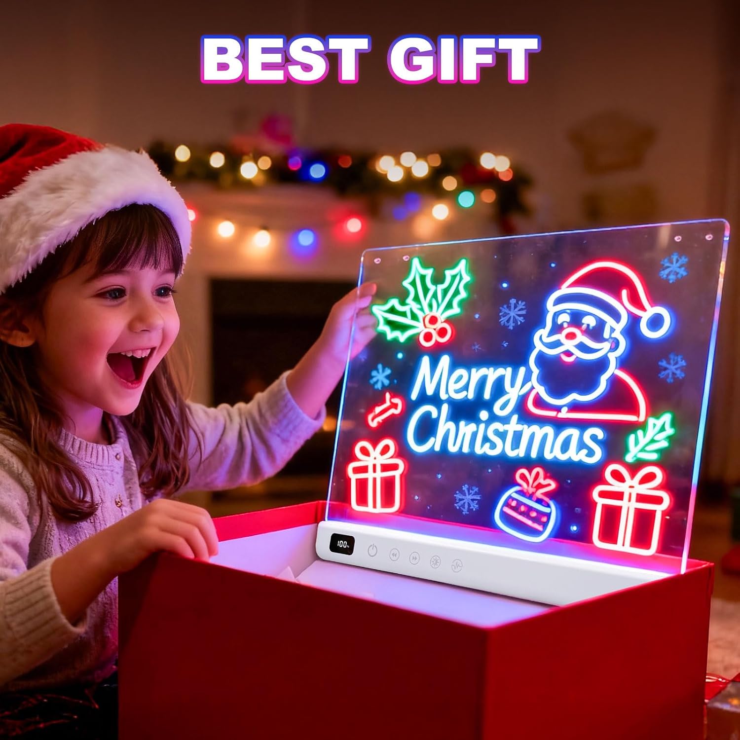 cosmody rechargeable led drawing board for kids, large 16" light up drawing pad with 8 rgb colors & 6 dynamic modes, neon art dry erase board with tracing book & 7 markers,creative gift for girls boys white