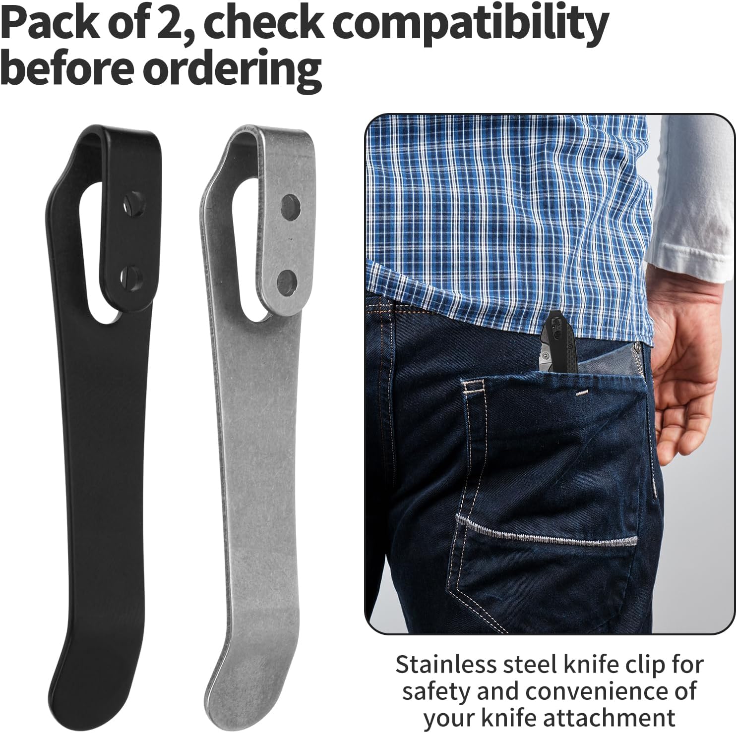 Gosknor 2pcs Stainless Steel Pocket Clip, 2.36 Inch Length Deep Carry Pocket Clip Replacement with Screws Knife Holder Tools Accessories for Men