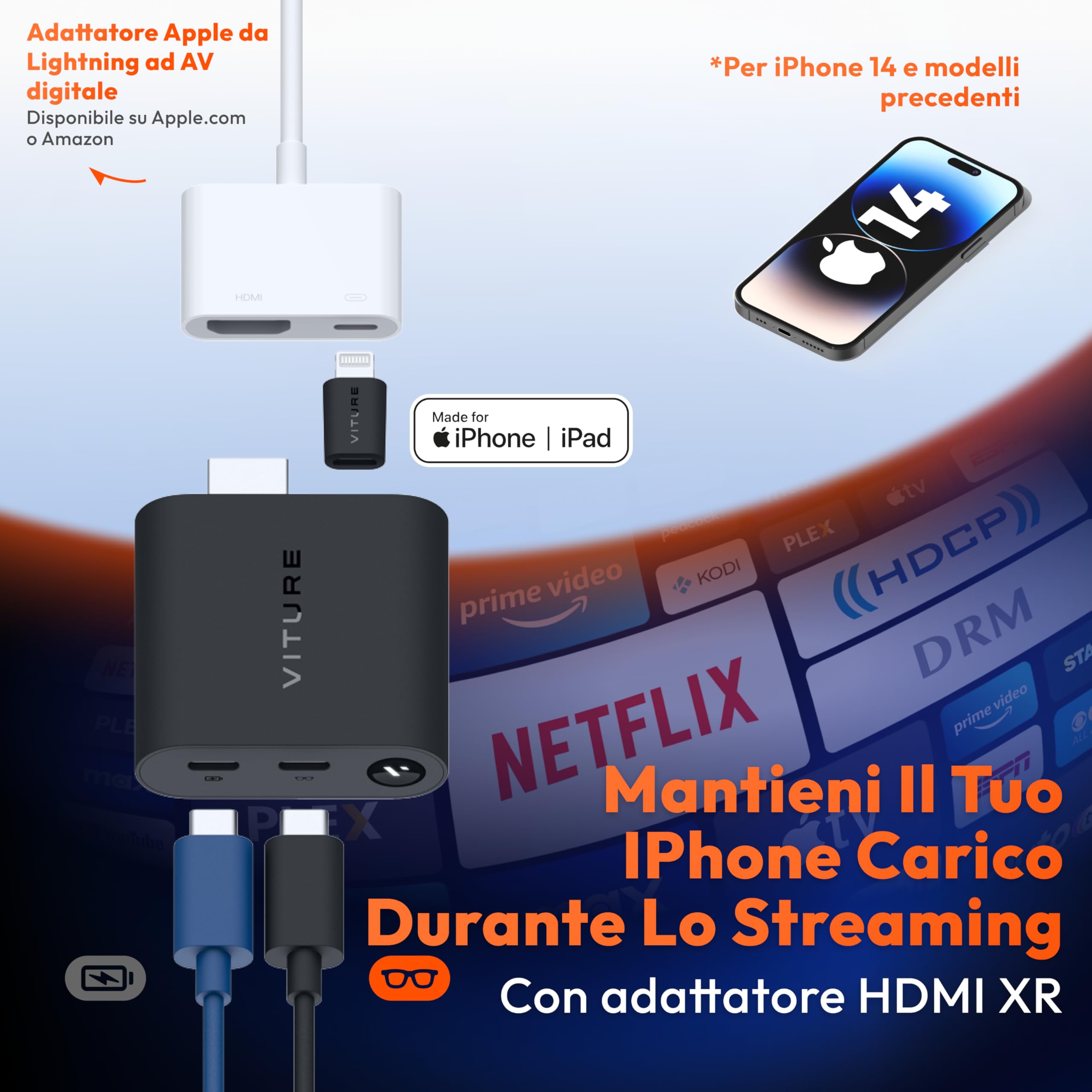 VITURE Adattatore HDMI XR per iPhone 14 e modelli precedenti, abilitazione di video 3DoF/VR multischermo/migliorati, durata della batteria 2,8 ore, ricarica durante la riproduzione, riproduzione