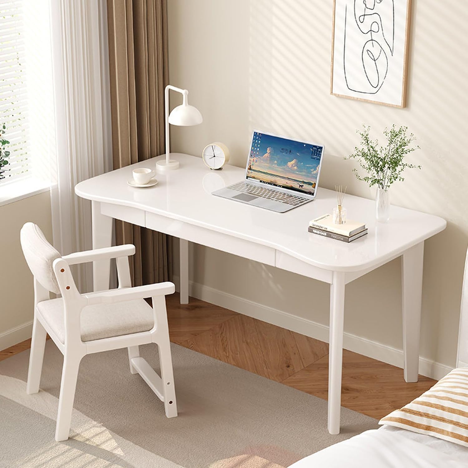 Curved Small Computer Desk, Solid Wood Home Office Desk with Drawers, Mid Century Modern Writing Desk Vanity Desk for Bedroom Living Room(31 inch, White)