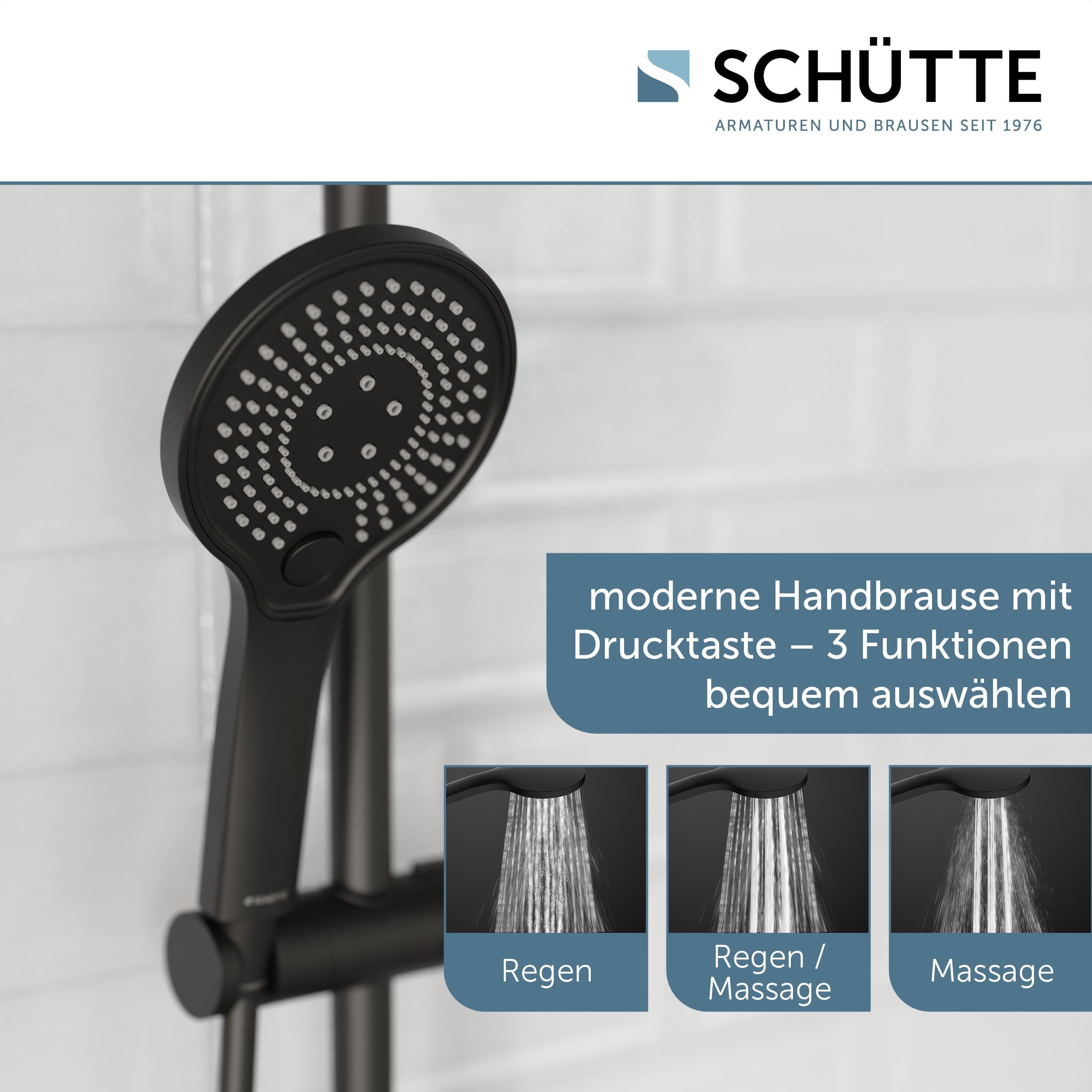 SCHÜTTE ADRIA 60171 Duschsystem mit Thermostat, Duschset mit großer Regendusche (Ø 24 cm) und verstellbarer Handbrause, Brauseset mit Duschstange, Duschsäule Duschpaneel, Schwarz
