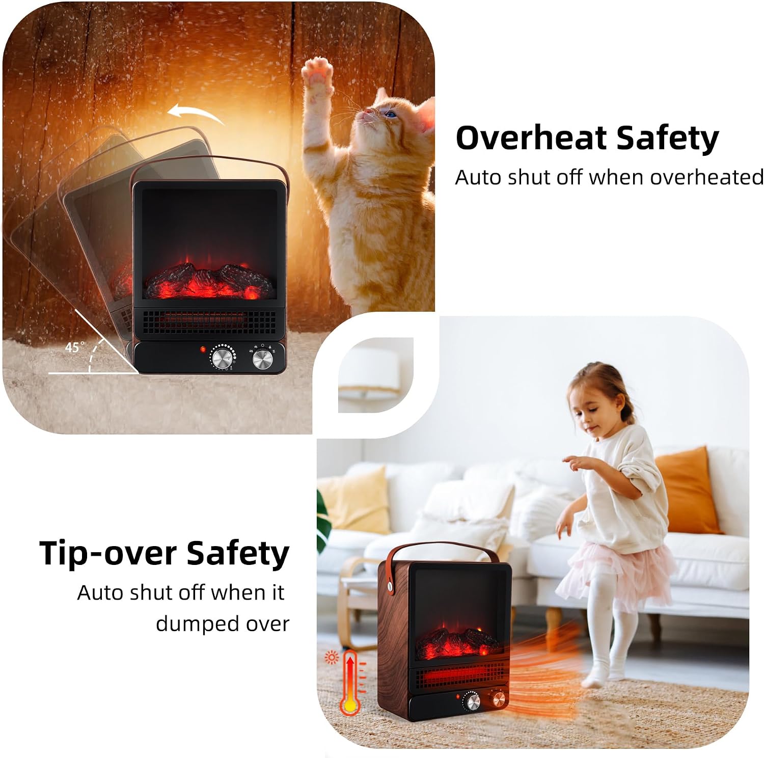 Electric Fireplace Heater for Indoor Use, 1500W High Heat Space Heater, 15" Heater Fireplace with Realistic Flame, Safety Protection, 4 Flame Brightness Portable Fireplace Heater for Christmas Decor