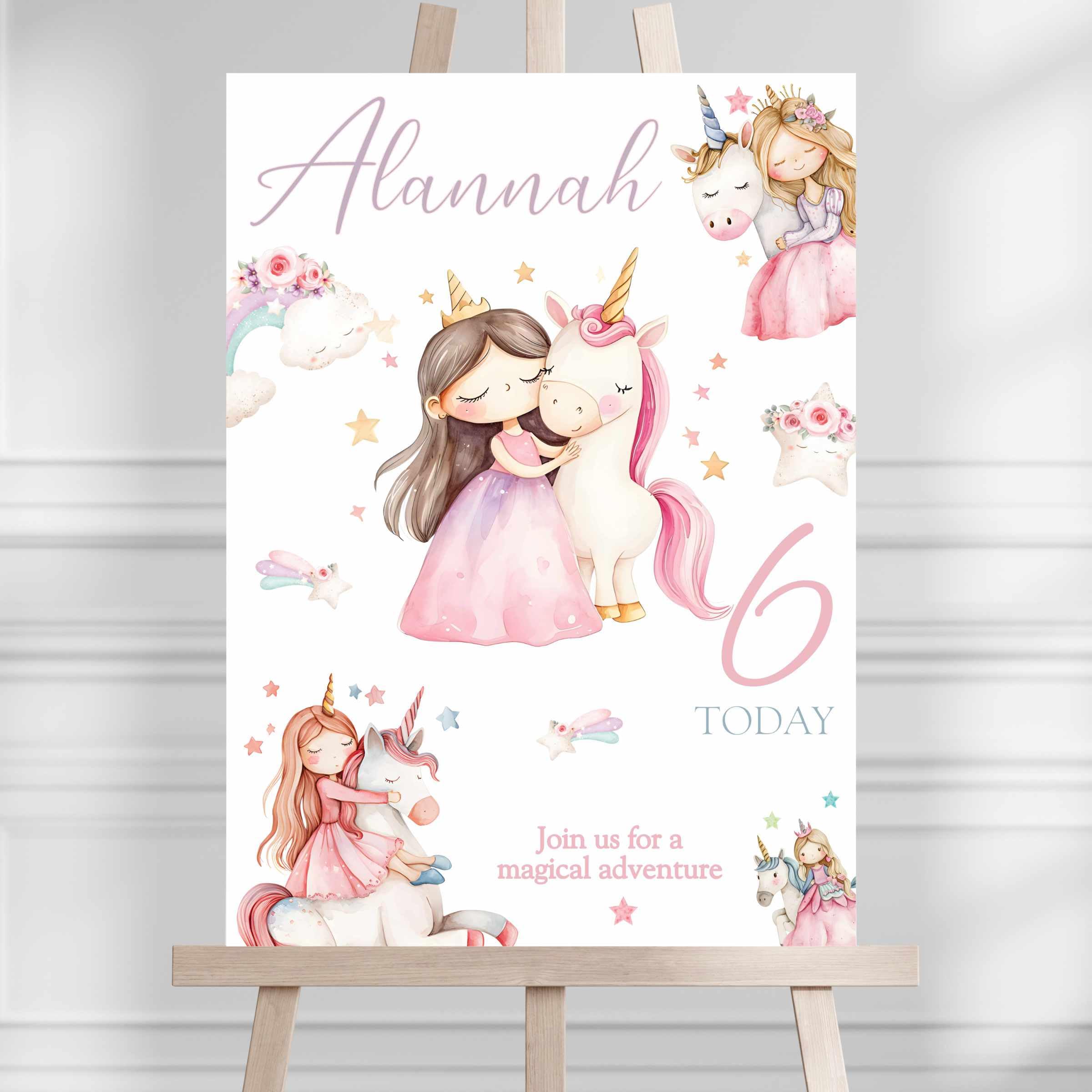 Birthday Party Welcome Sign, Personalised Poster, Girls Princess Unicorn Party A4, A3, A2, A1