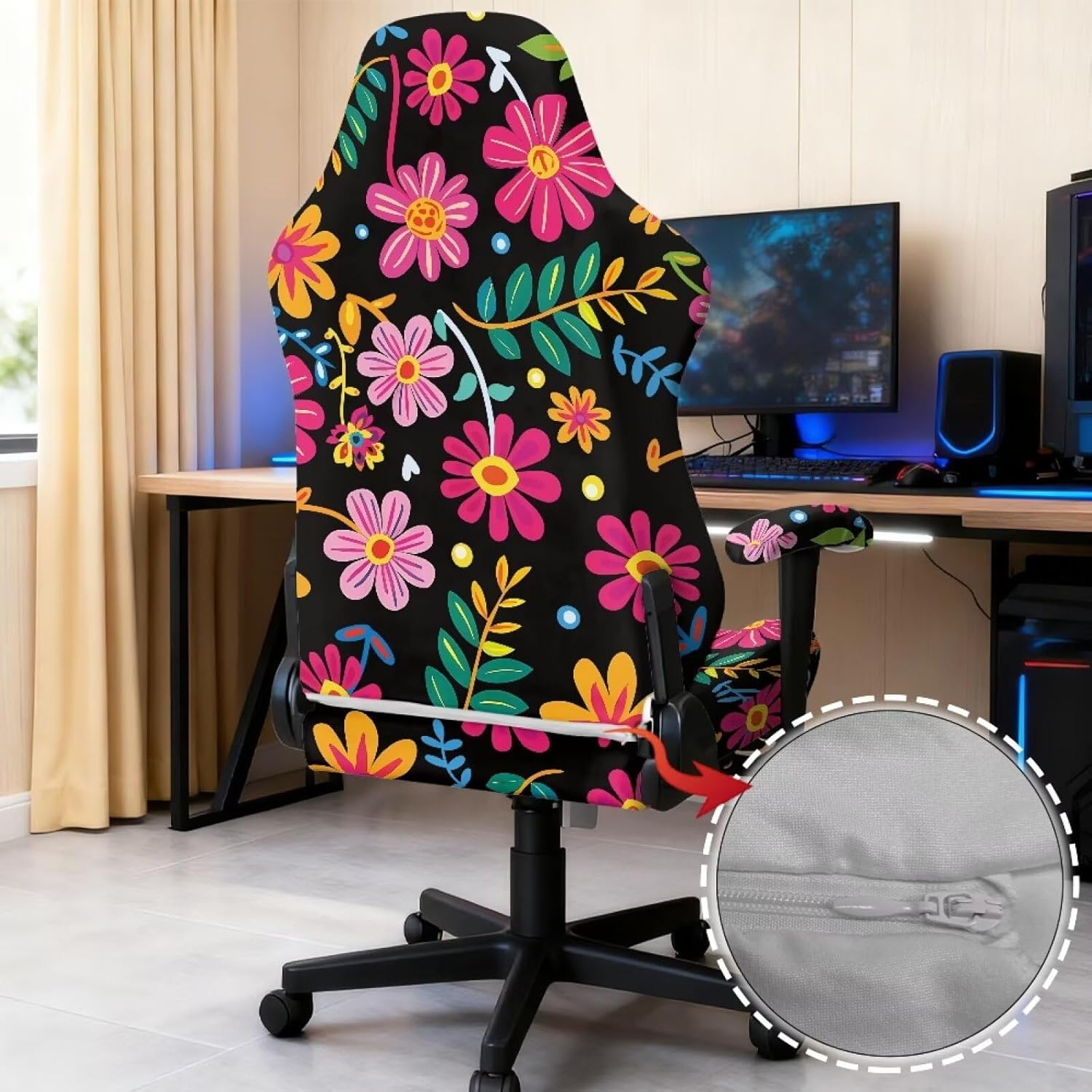 Tropical Flower Gaming Chair Cover 4-Piece Set, Universal Stretch Fit for Reclining Racing Chairs, Breathable Fabric Protector for Vibrant Home Office, Game Room, or Summer Decor